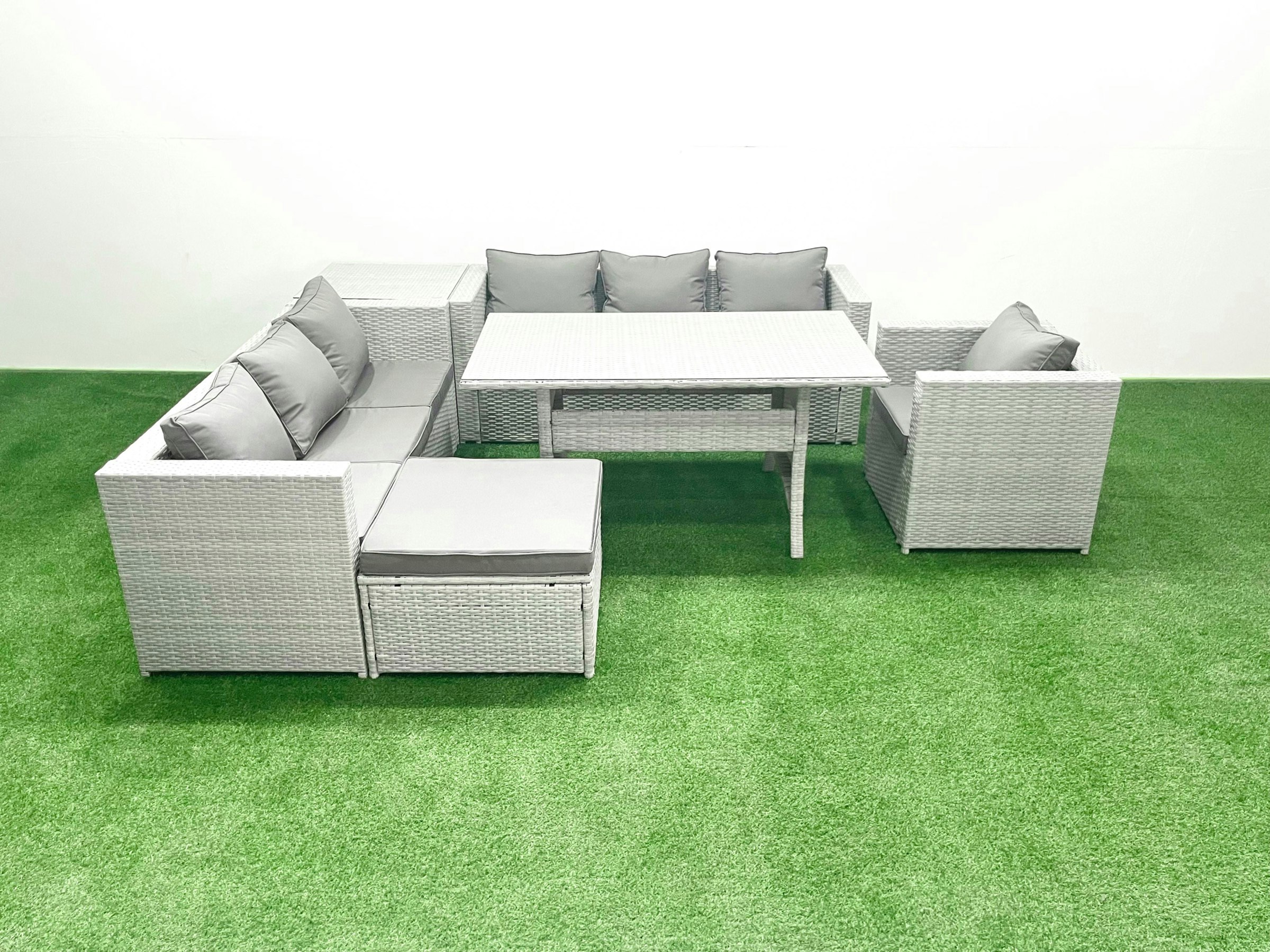 Fimous Light/Grey/Dark 6 Pieces Outdoor Rattan Sofa Set With Cushions Patio Garden Furniture Sets With Armchair Dining Table Side Table Big Footstool
