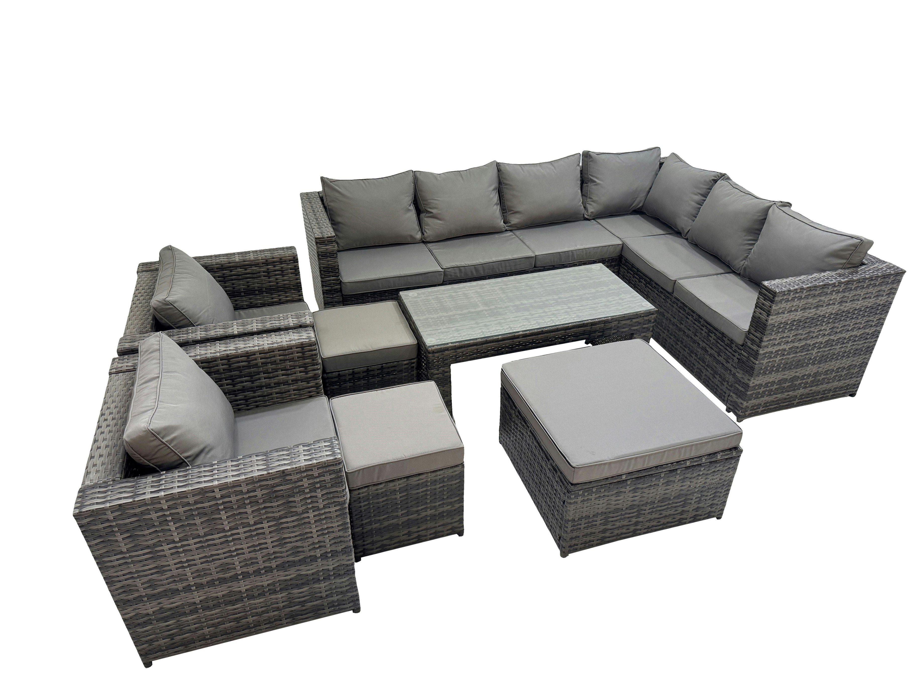 Rackhams Dark/Grey Outdoor Rattan Oblong Coffee Table Corner Sofa Sets Garden Furniture Set With 2 Chairs 2 Small Stools Mixed