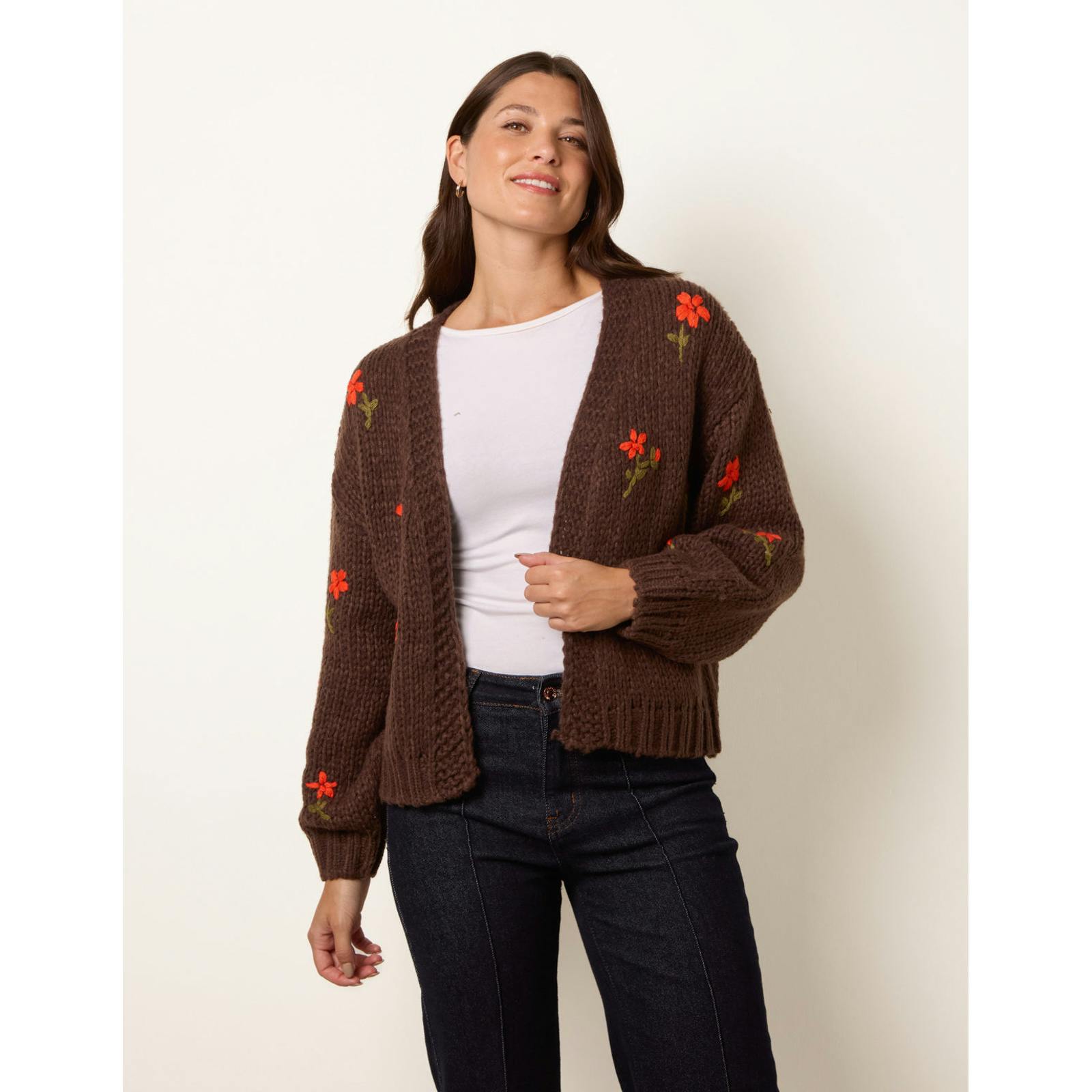 Blue Vanilla Women's Dark Brown Flower Embroidered Chunky Knit Cardigan New Look - Image 2