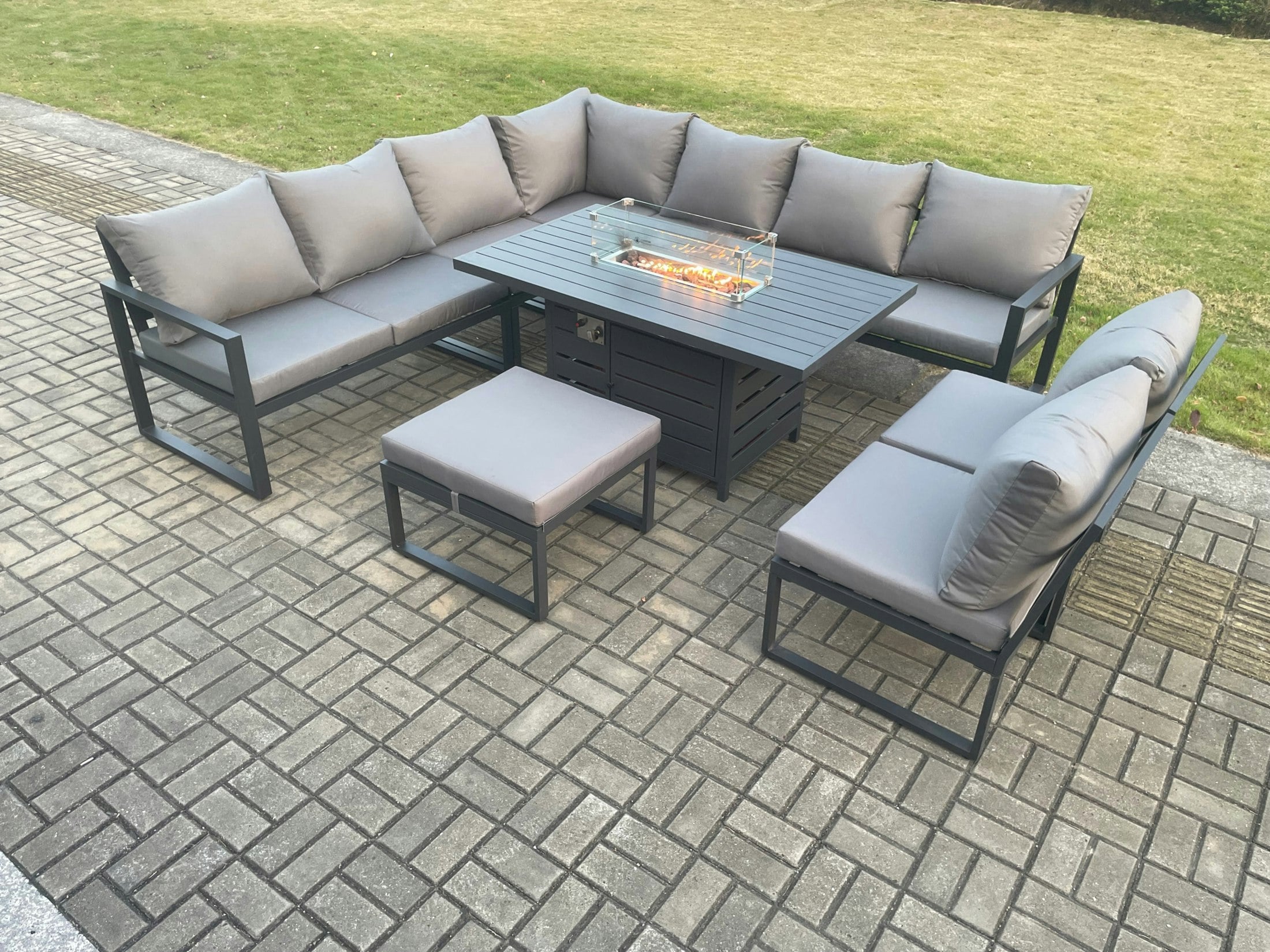 Rackhams Dark/Grey Aluminium 10 Seater Lounge Corner Sofa Outdoor Garden Furniture Sets Gas Fire Pit Dining Table Set With Big Footstool