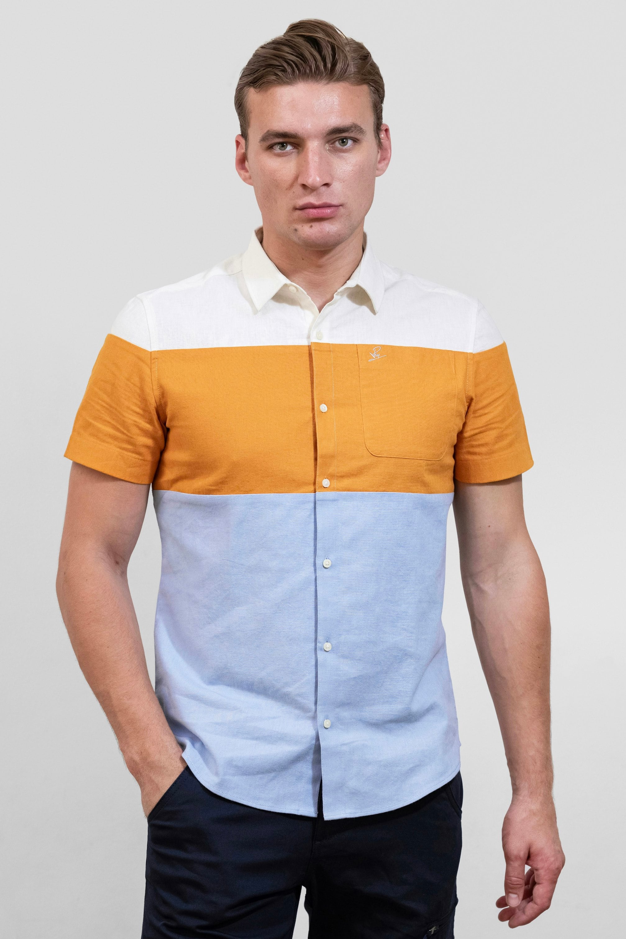 Enorsia White/Orange/Blue Multicoloured Linen Blend Colour Block Shirt - L - Multicoloured - 55% Linen, 45% Cotton
