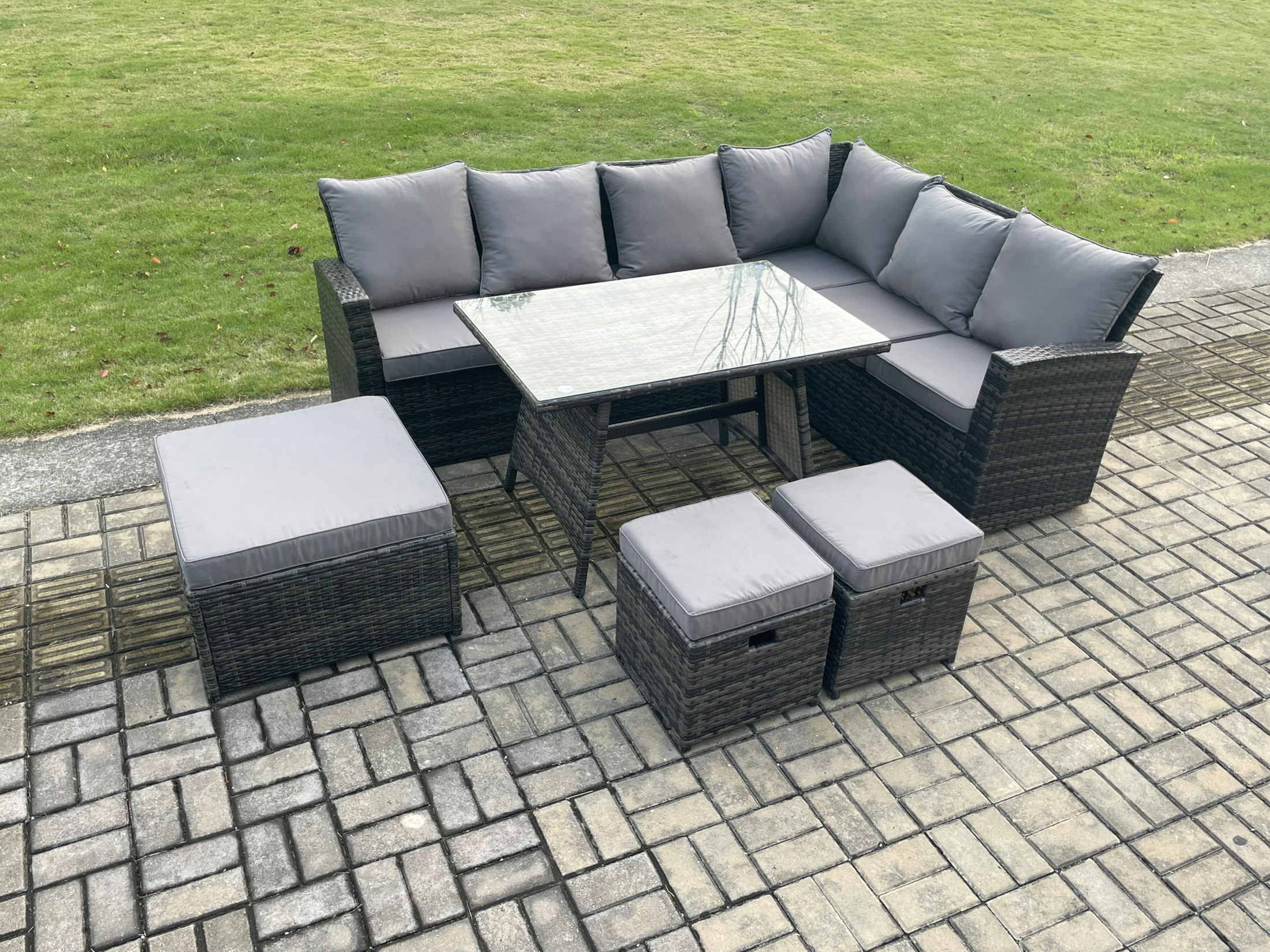 Fimous Dark/Grey Outdoor Furniture Garden Dining Set Rattan Corner Sofa Set Rectangular Dining Table With Temper Glass 3 Footstools Mixed