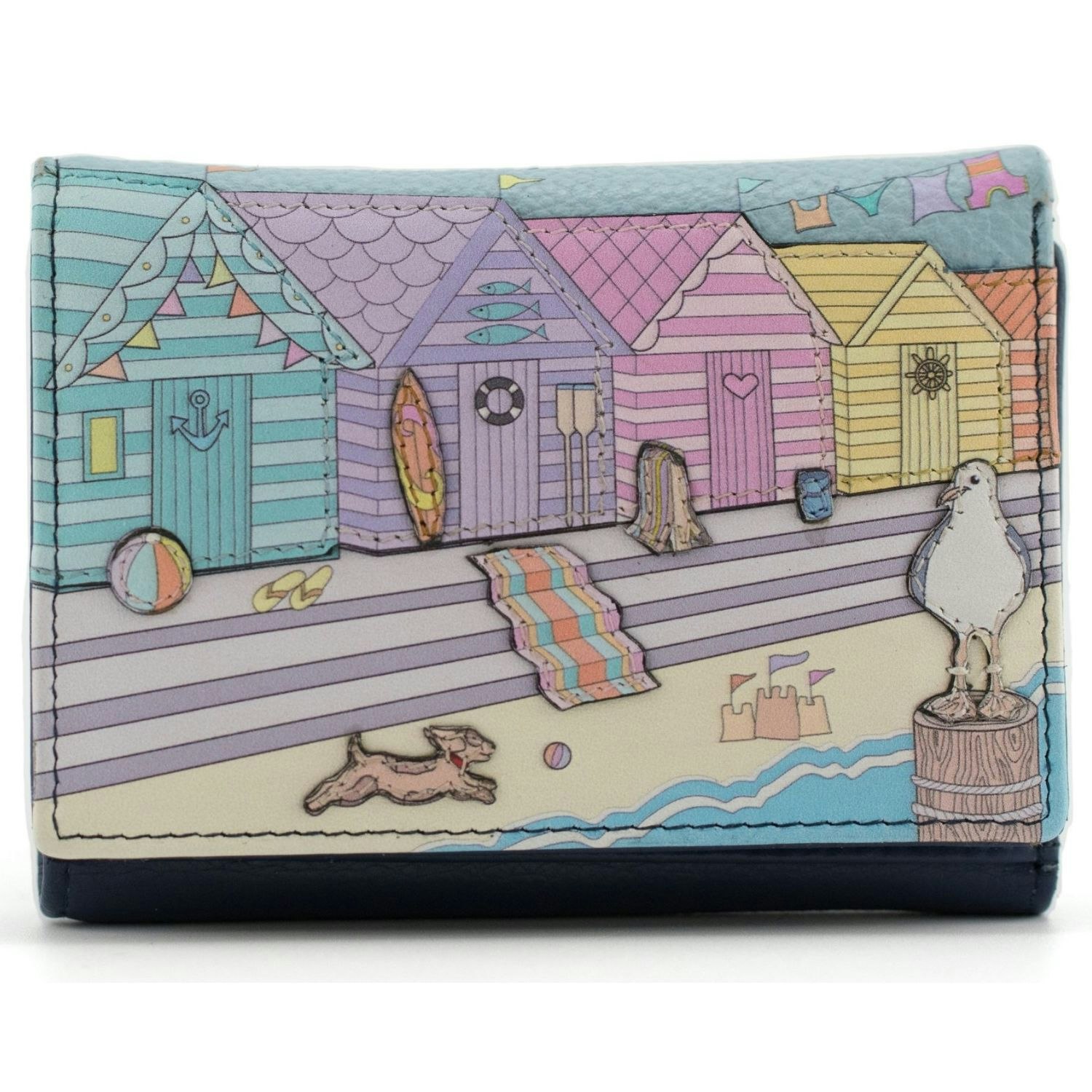 Mala Leather Woolacombe Beach & Dog Scene Trifold Leather Purse - Multi