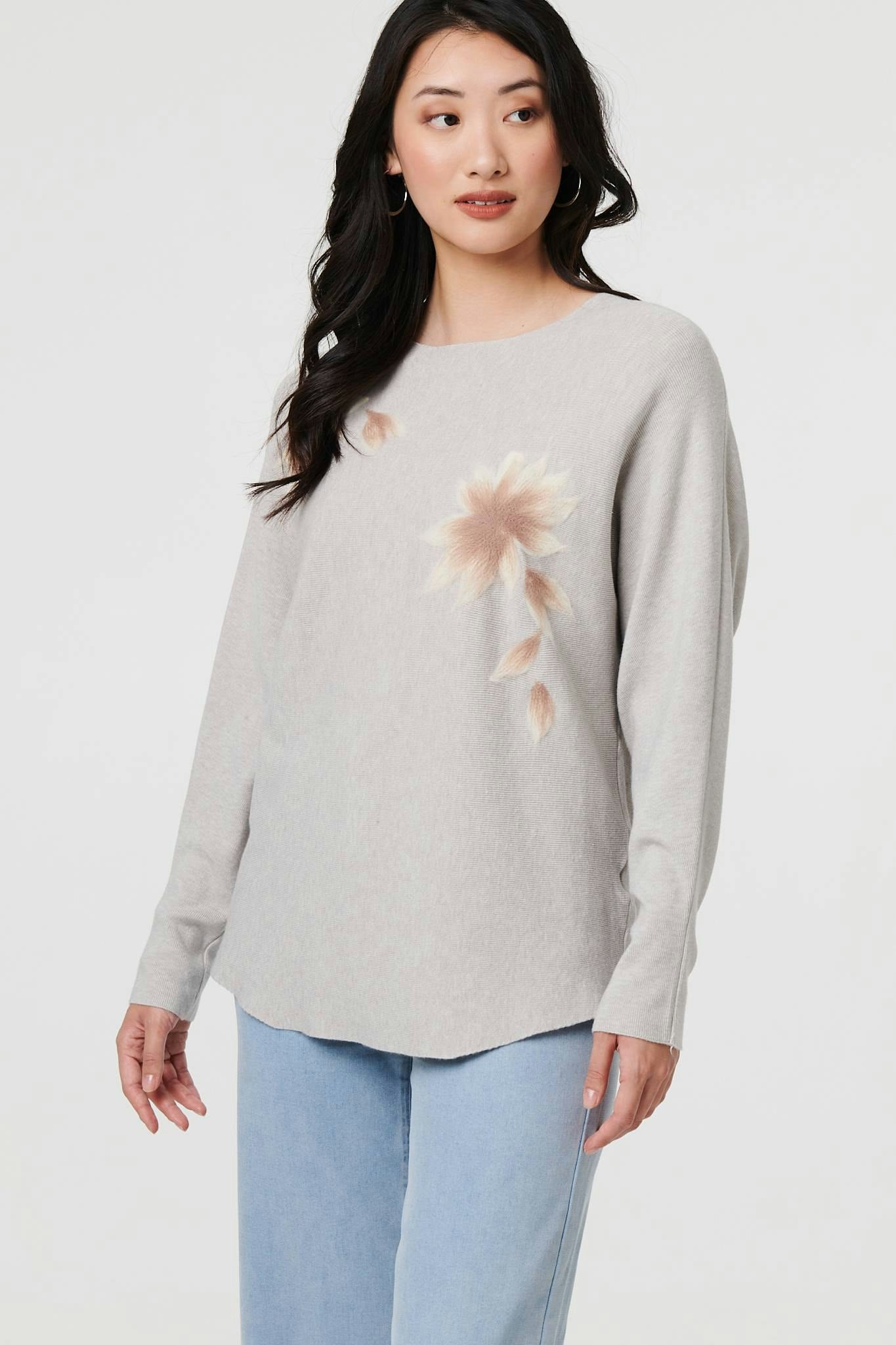 Izabel London Grey Floral Relaxed Batwing Sleeve Jumper - S/M