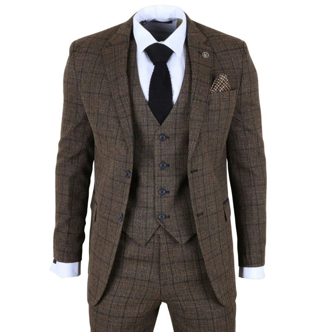 Truclothing Men's Dark/Brown Im11 - 3 Piece Plaid Check Suit - 42" Jacket 36" Trousers