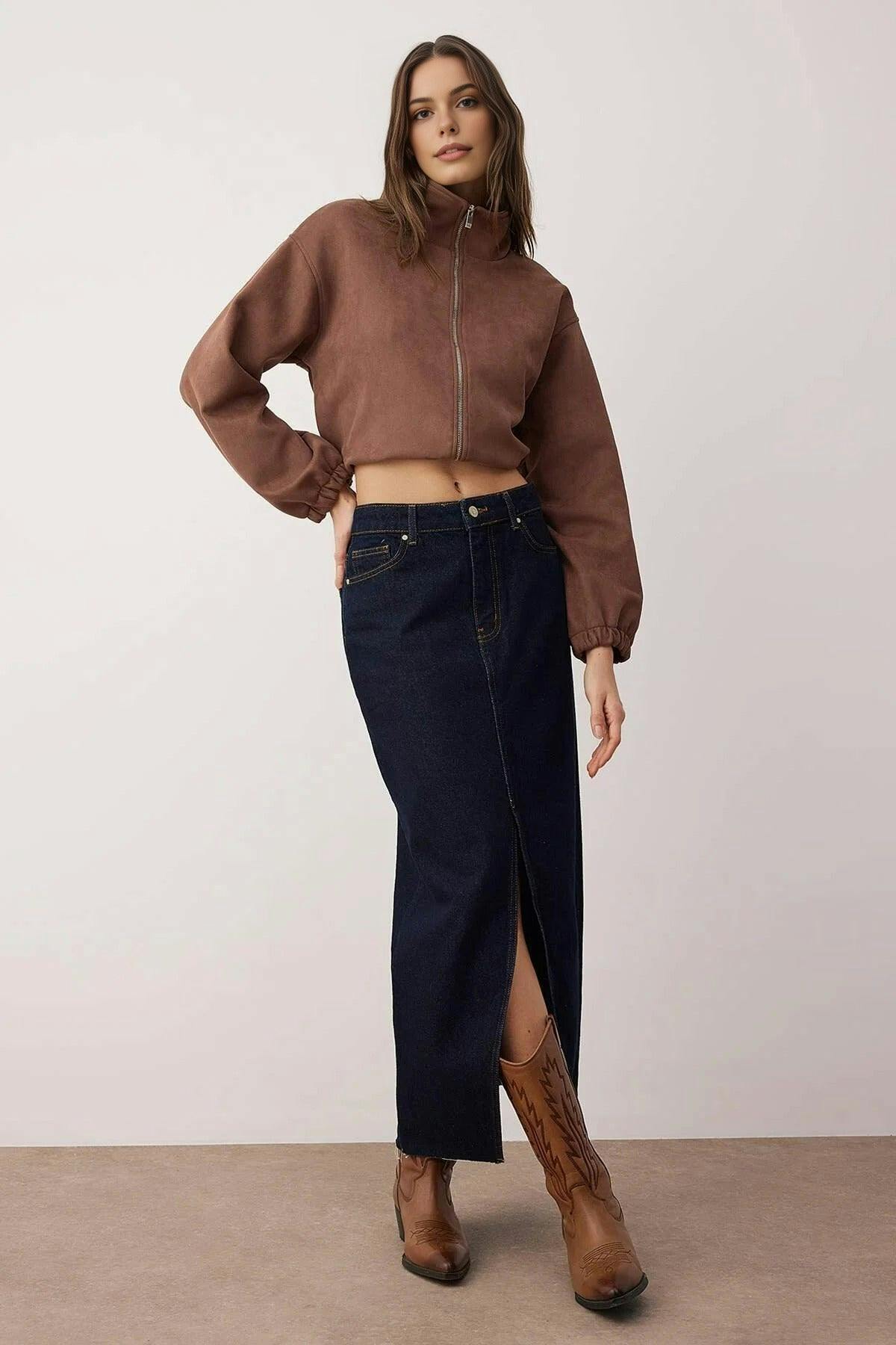 Wovcor Slit Maxi Denim Skirt - Navy - 10
