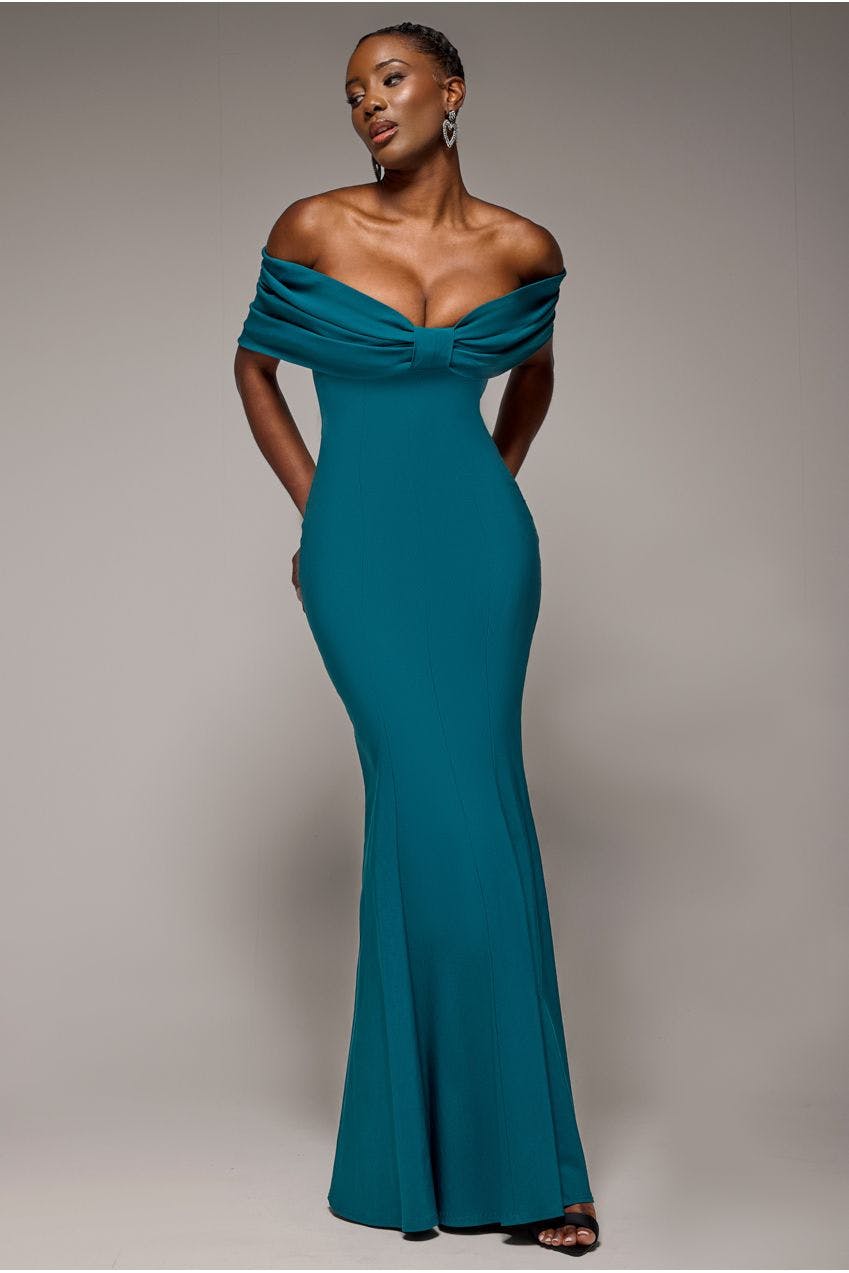 Goddiva Green Bardot Bow Neck Maxi Dress - Emerald By - Emerald - 14