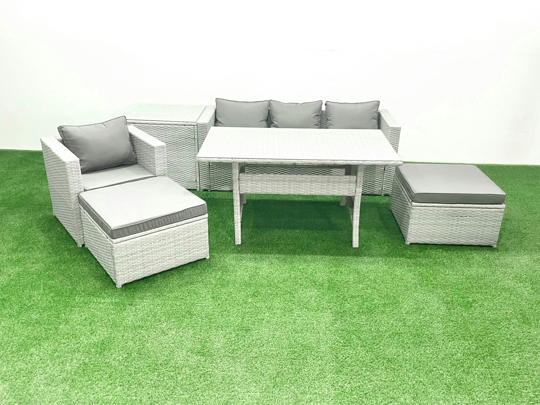 Fimous Light/Grey Rattan Garden Furniture Set Outdoor 6 Seater Patio Dining Sets With Glass Top Dining Table And Side Table Mixed