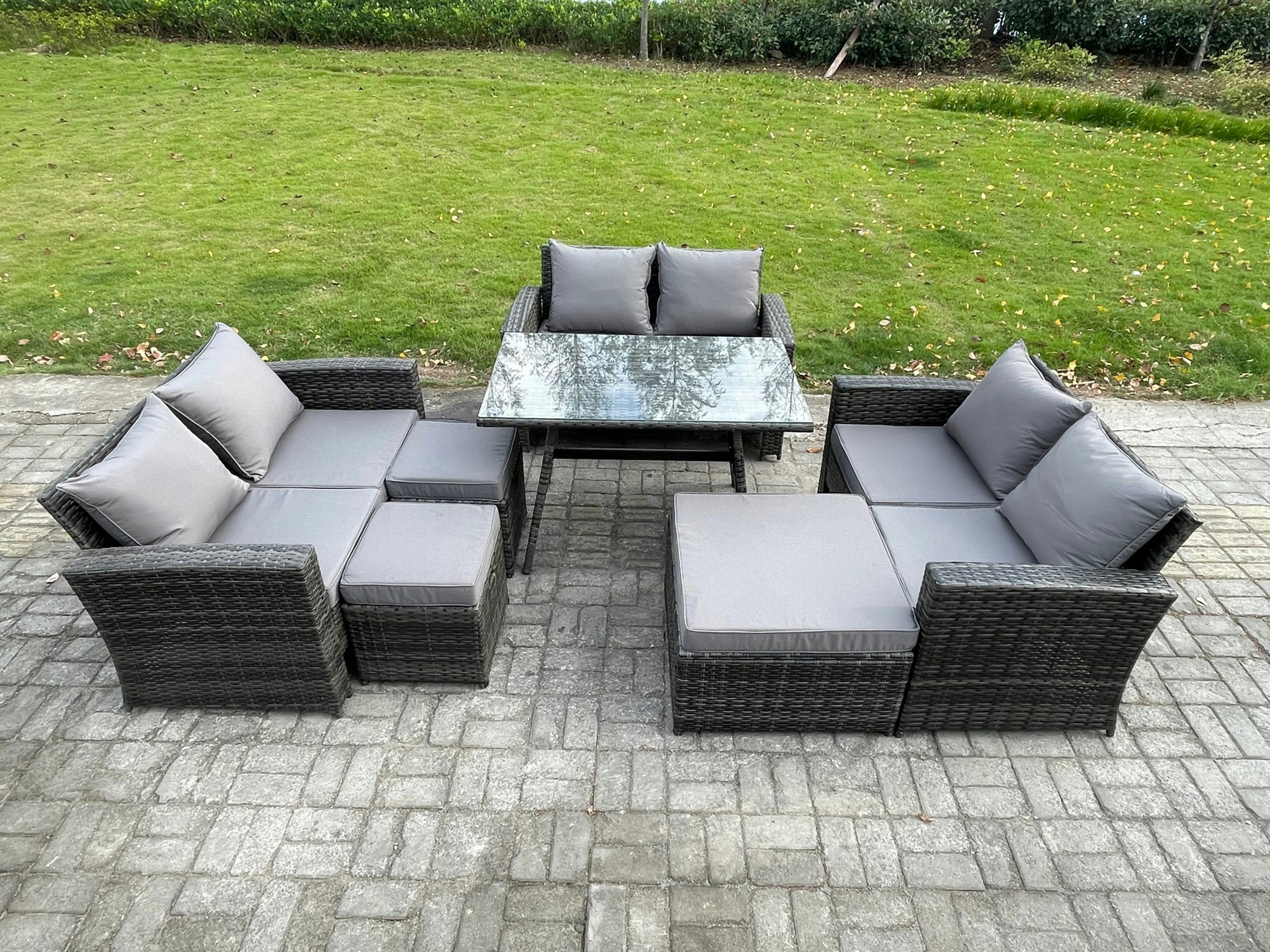 Fimous Dark/Grey Outdoor Lounge Sofa Set Wicker Pe Rattan Garden Furniture Set With Rectangular Dining Table 2 Seat Sofa 3 Footstools Mixed