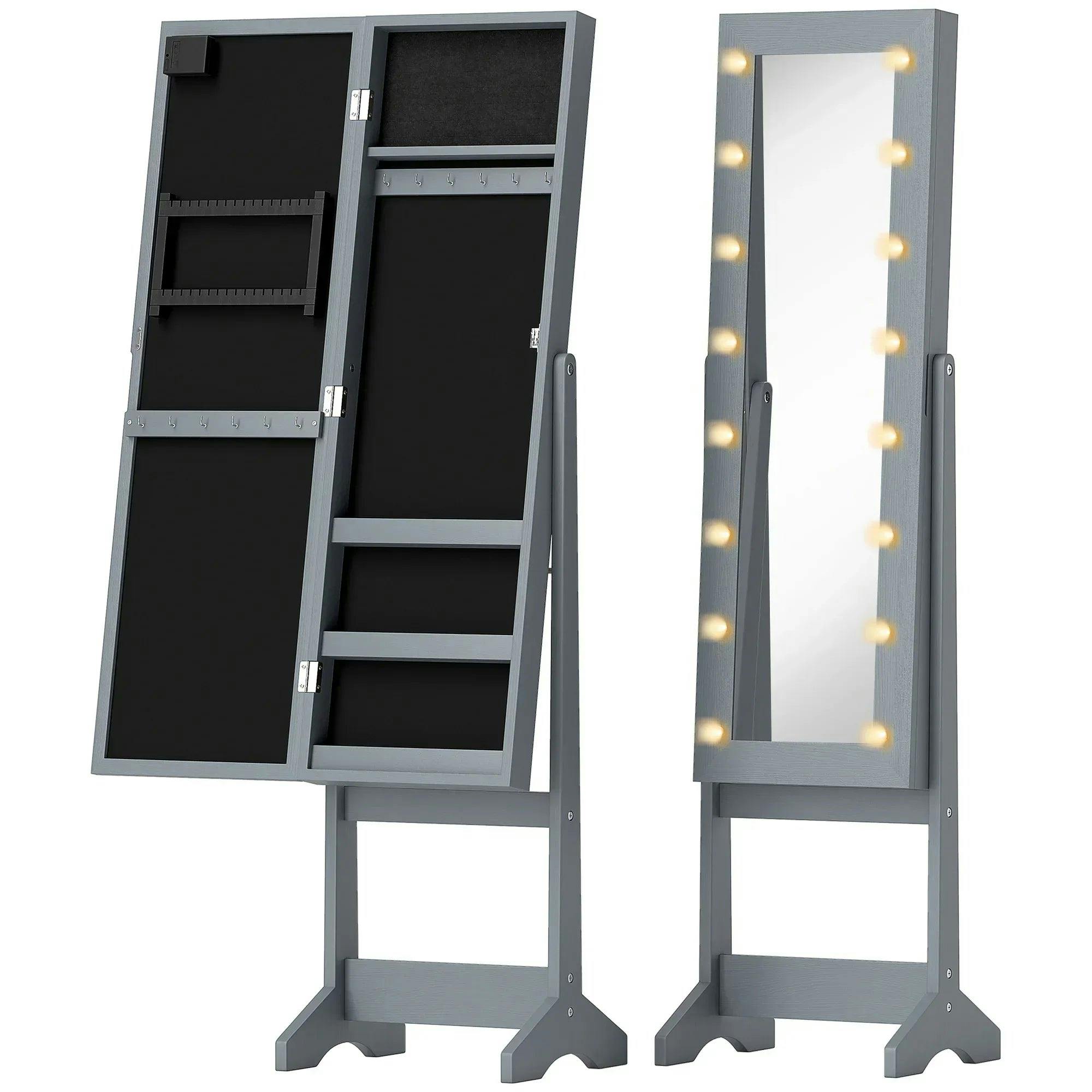 HOMCOM Free Standing LED Mirrored Jewelry Cabinet in Grey - Image 5