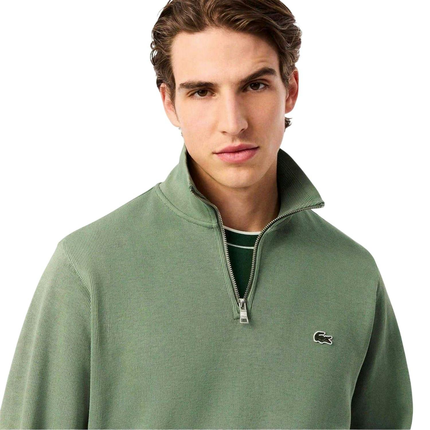 Lacoste Men's Green Cotton Blend Quarter Zip Sweatshirt - Thyme - Xxl - Thyme - 100% Cotton