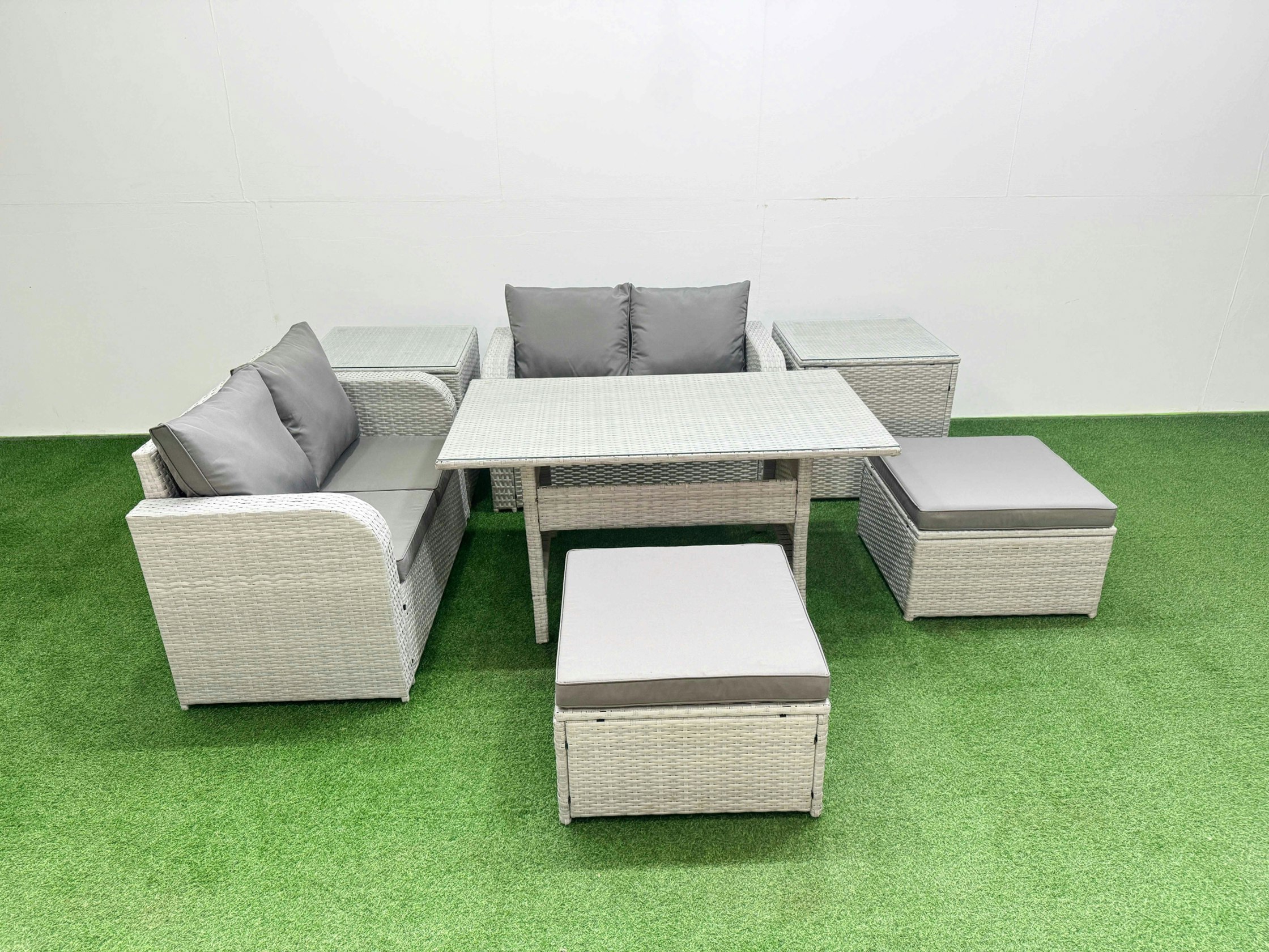 Fimous Light/Grey 6 Seater Outdoor Love Sofa Set Rattan Garden Furniture Set With Rectangular Dining Table 2 Footstool 2 Side Tables