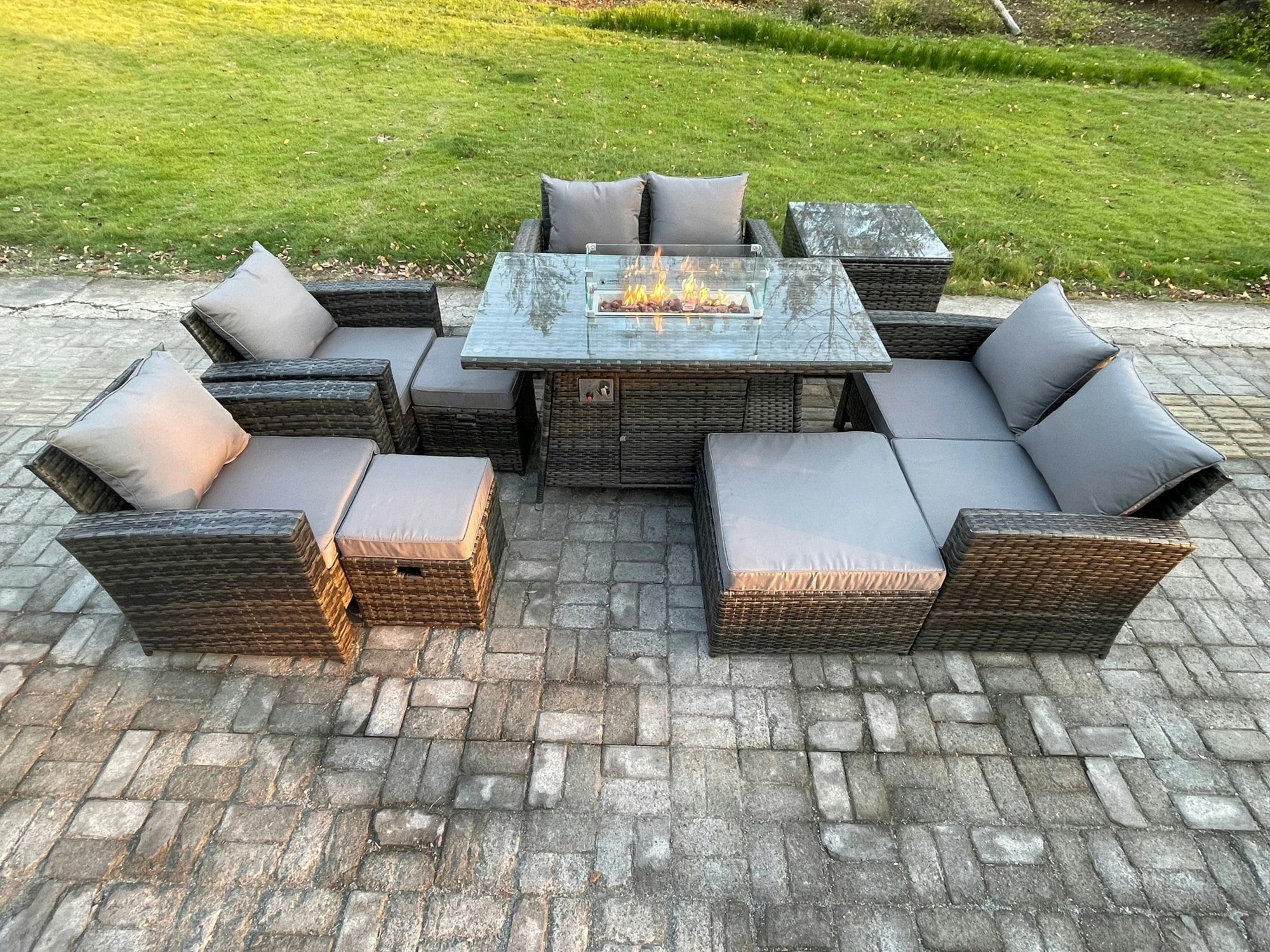 Rackhams Dark/Grey Outdoor Garden Furniture Sets 9 Pieces Wicker Rattan Furniture Gas Fire Pit Dining Table Sofa Set With 3 Footstools Side Table Mixed