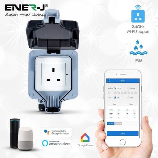 Ener-J Smart Wifi Weatherproof Outdoor Socket, Ip55 Waterproof 13A Single Plug, App & Voice Control With Alexa/Google, Remote Timer & Automation