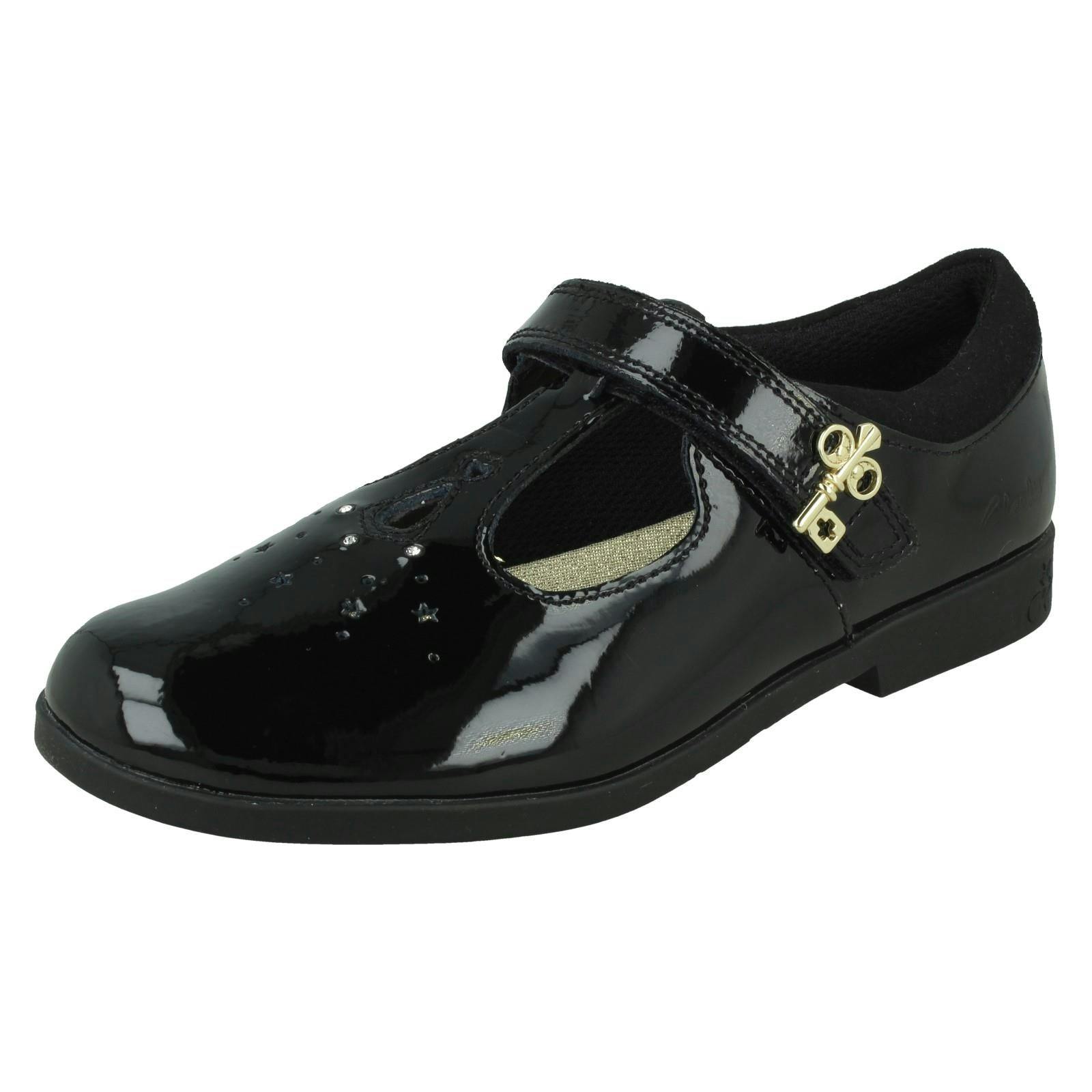 Clarks Girls Black Key Detail T-Bar School Shoes Lock Shine - Patent - Uk 9.5 Child - F