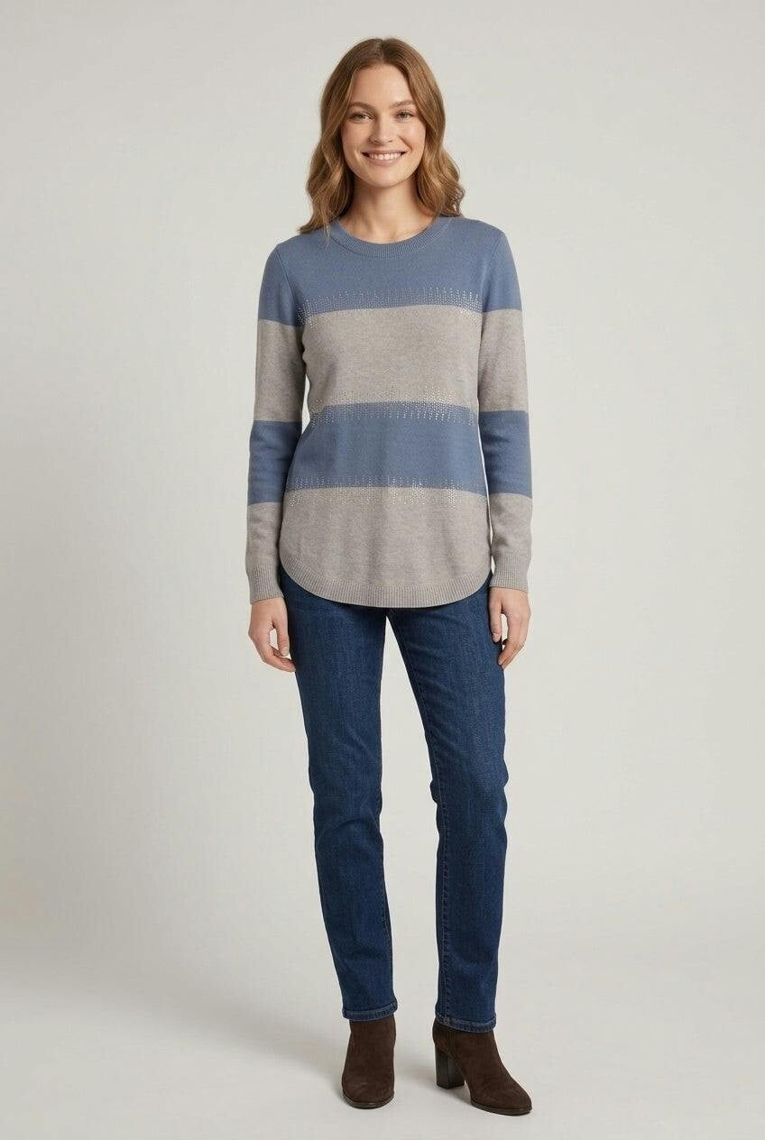 Izabel London Blue Embellished Striped Curve Hem Jumper - 12