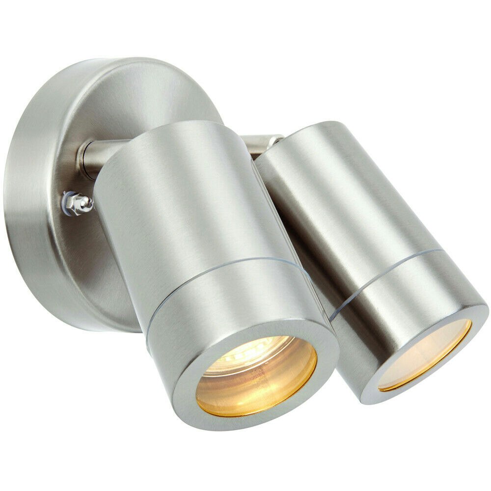 Loops Light Ip44 Outdoor Adjustable Spot Brushed Steel Twin Gu10 Dimmable Up Down