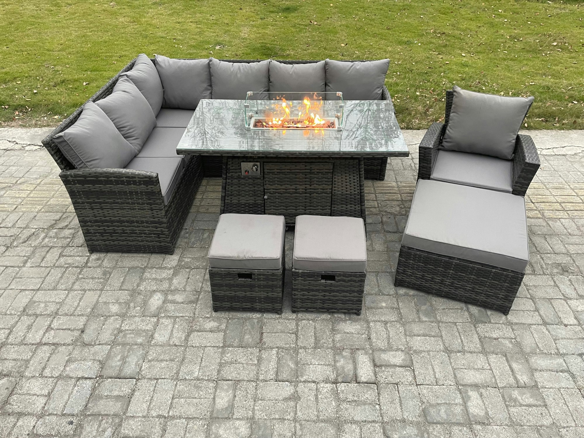 Rackhams Dark/Grey 10 Seater Outdoor Rattan Garden Furniture Set Corner Sofa Gas Fire Pit Dining Table Sets Gas Heater With 3 Footstools Armchair Mixed