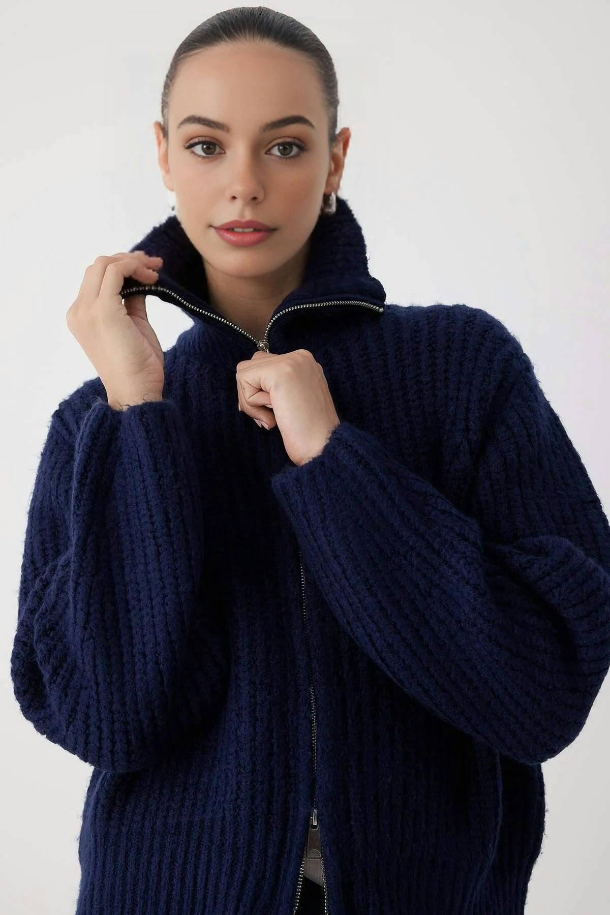 Wovcor Soft-Textured Oversize Knit Cardigan With Zipper Detail - Navy - L