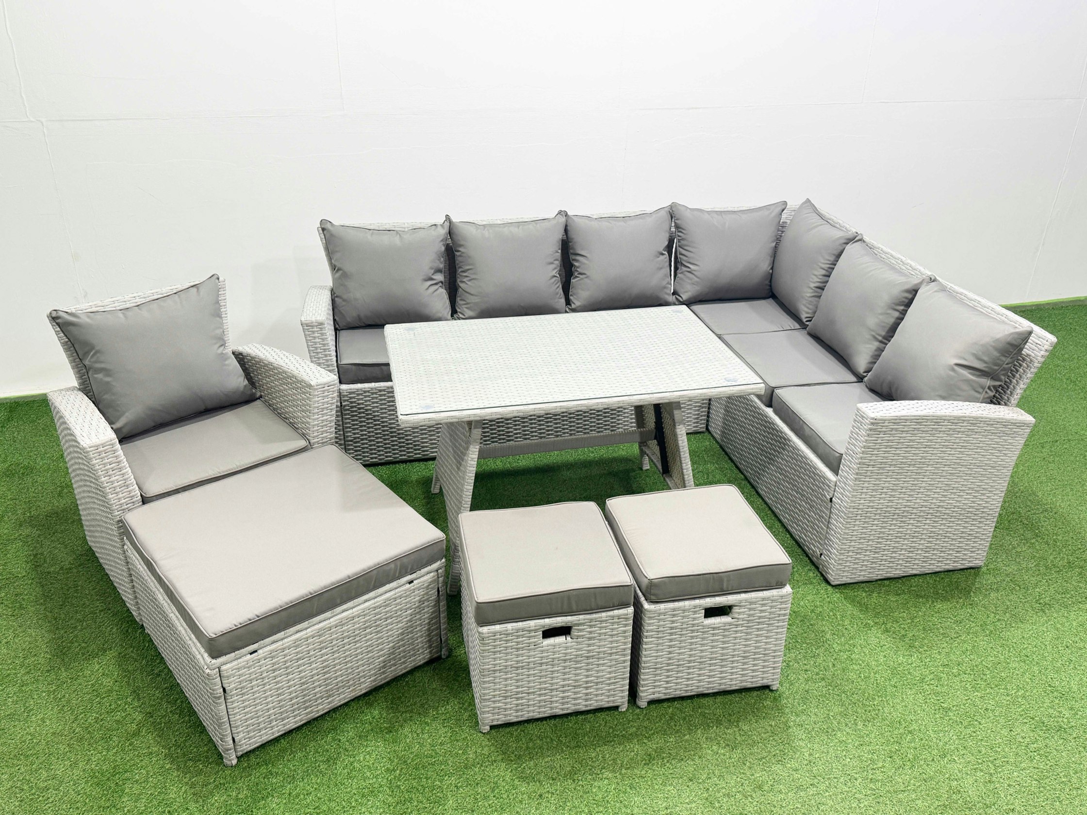 Rackhams Light/Grey 10 Seater Garden Outdoor Rattan Furniture Set Rattan Corner Sofa Oblong Dining Table With Armchair 2 Small Footstools Mixed