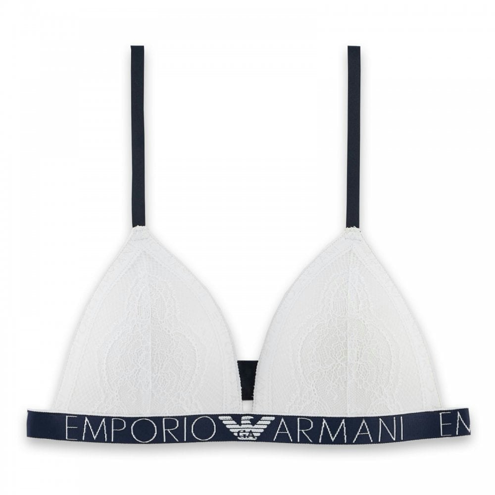 Emporio Armani White Logoband Lace Padded Triangle Bra, - Xl