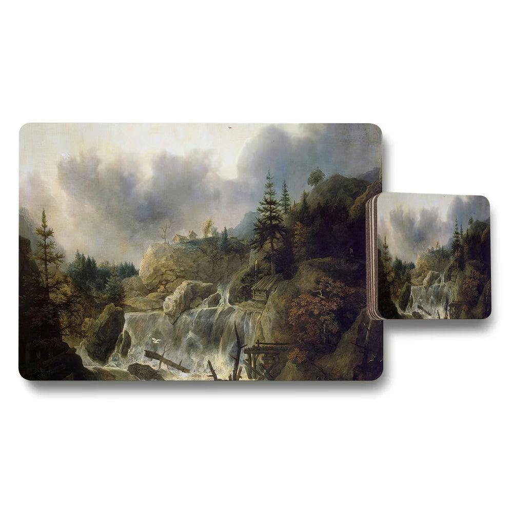 Benjamin Tate Design Landscape Placemats And Coaster Set With Waterfall Scene Artwork