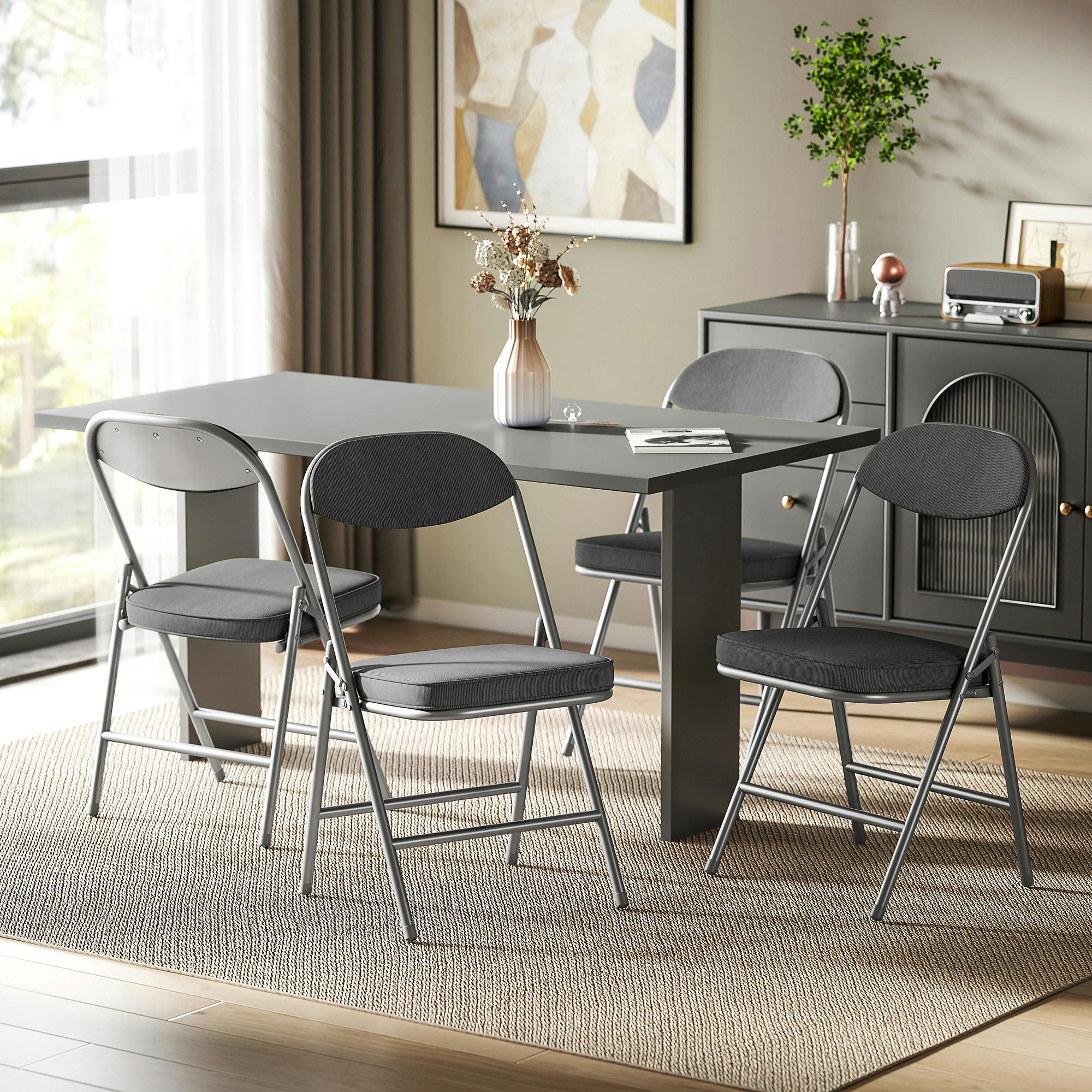 Rackhams Dark/Grey Folding Chairs Set Of 4 With Cushioned Seat, Steel Frame - 82H X 45W X 48.5D Cm