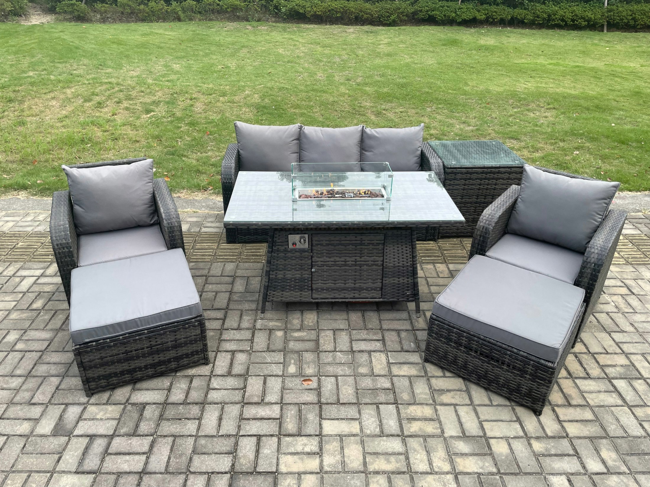 Fimous Dark/Grey Wicker Rattan Garden Furniture Sofa Set Gas Fire Pit Dining Table Indoor Outdoor With Side Table Chair 2 Big Footstool