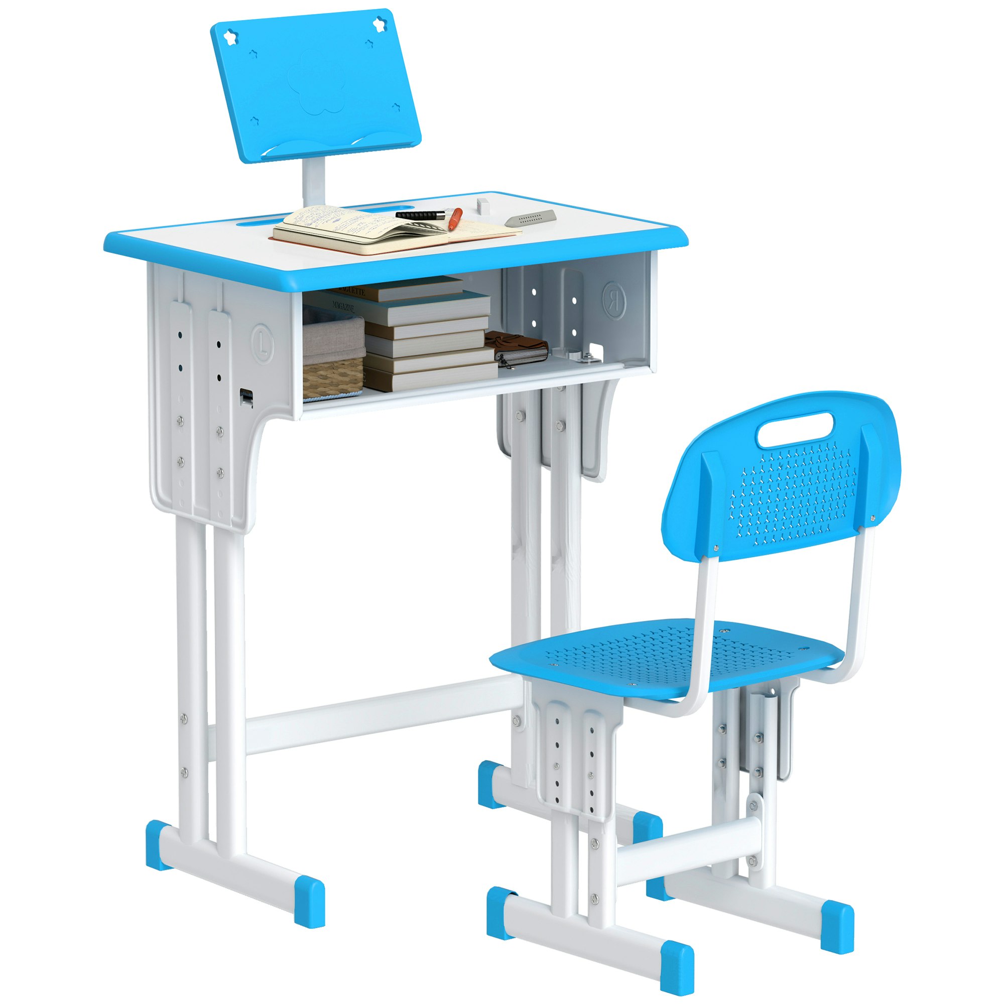 Rackhams Blue Kids Desk And Chair Set Adjustable Height Study Table Set W/ Drawer, Book Stand, Pen Slot