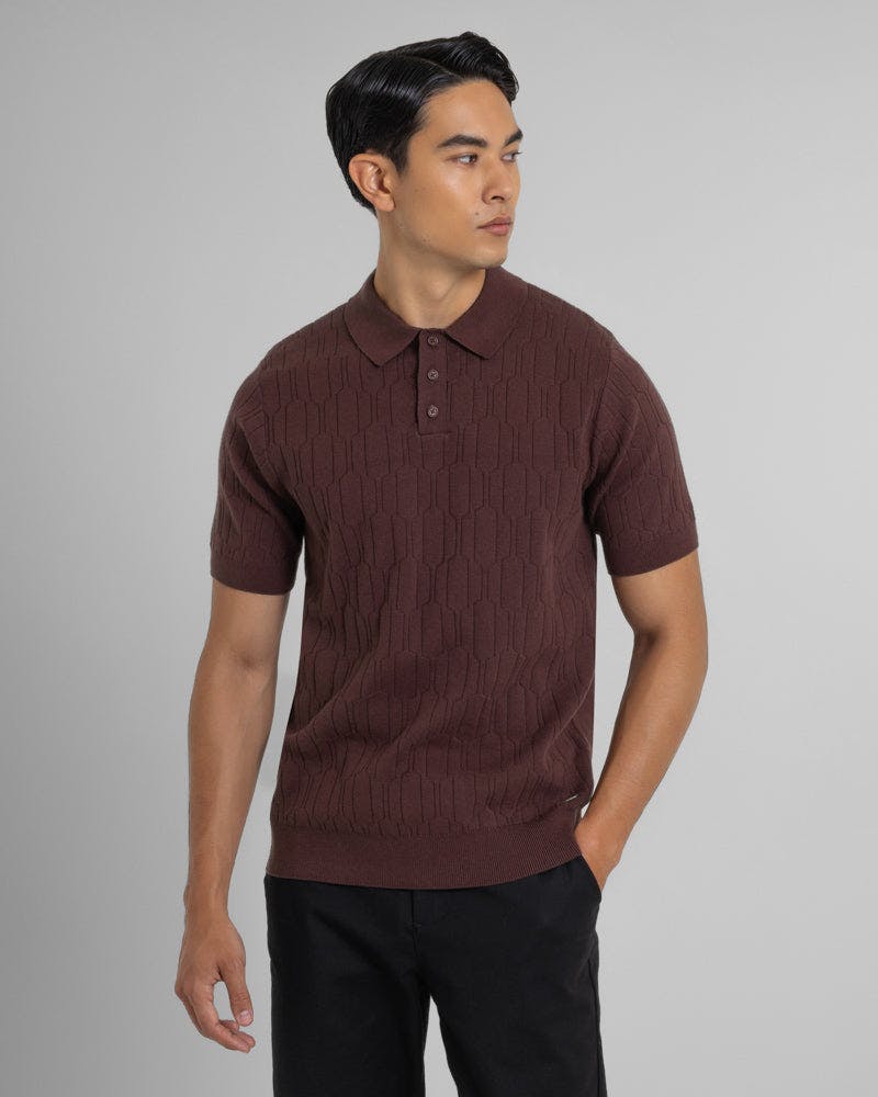 Steel & Jelly Burgundy Tarvin - Geo Texture Knitted Polo Shirt - S