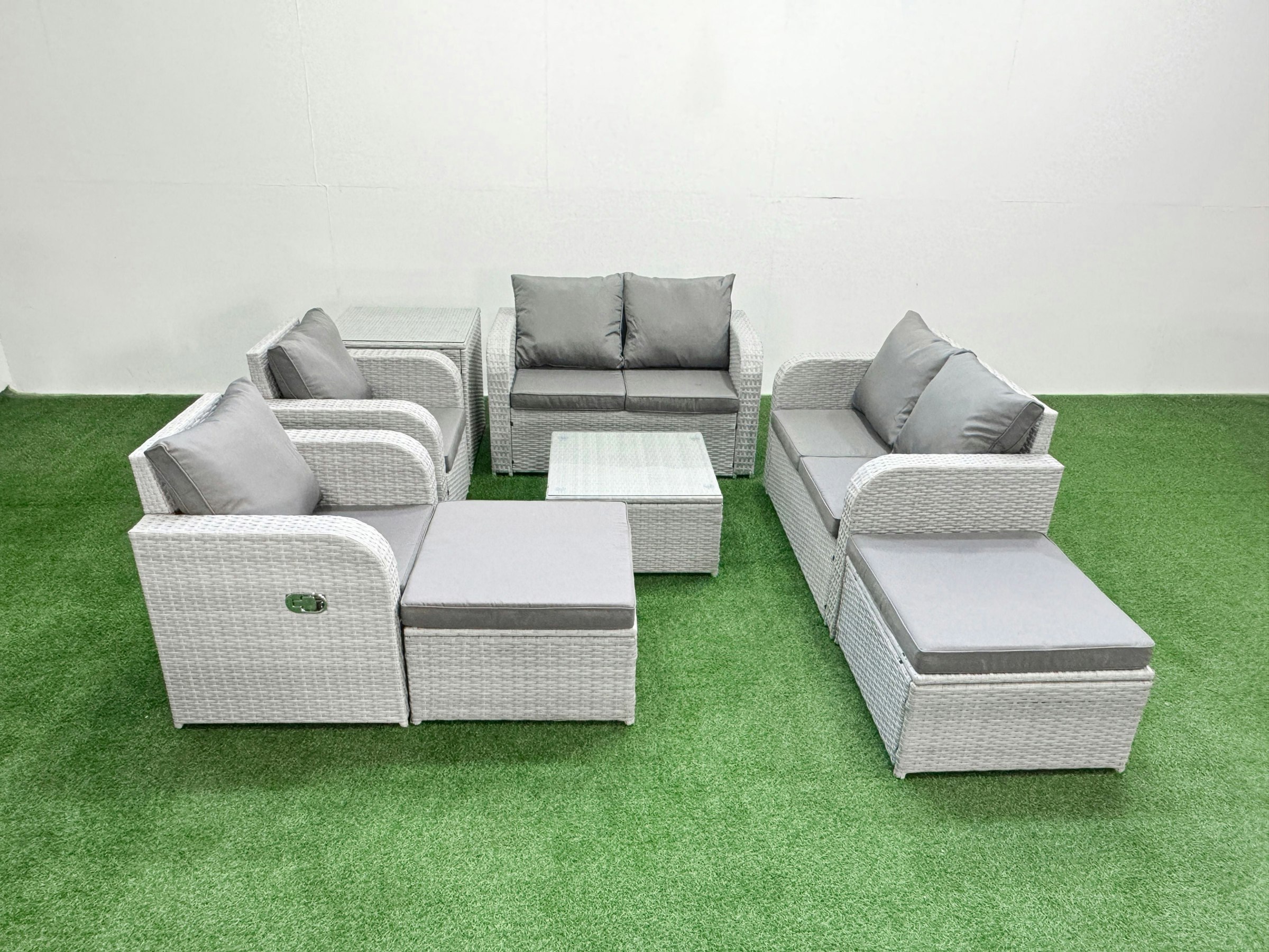 Rackhams Light/Grey 8 Seater Outdoor Reclining Chair Love Sofa Set Rattan Garden Furniture Set With Square Coffee Table 2 Big Footstools Side Table