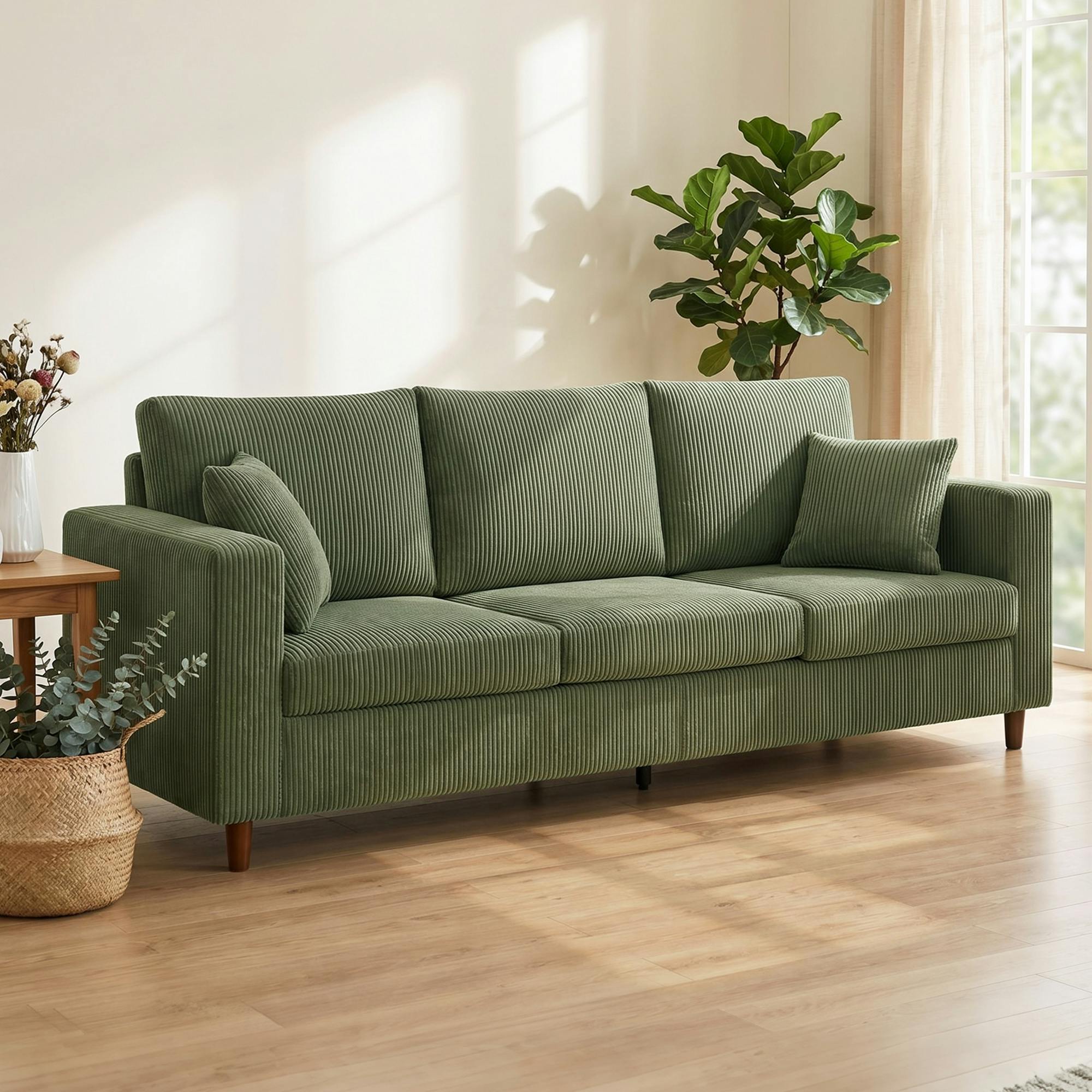 Homcom Green 3 Seater Sofa With Wide Seat, Corduroy Upholstered,