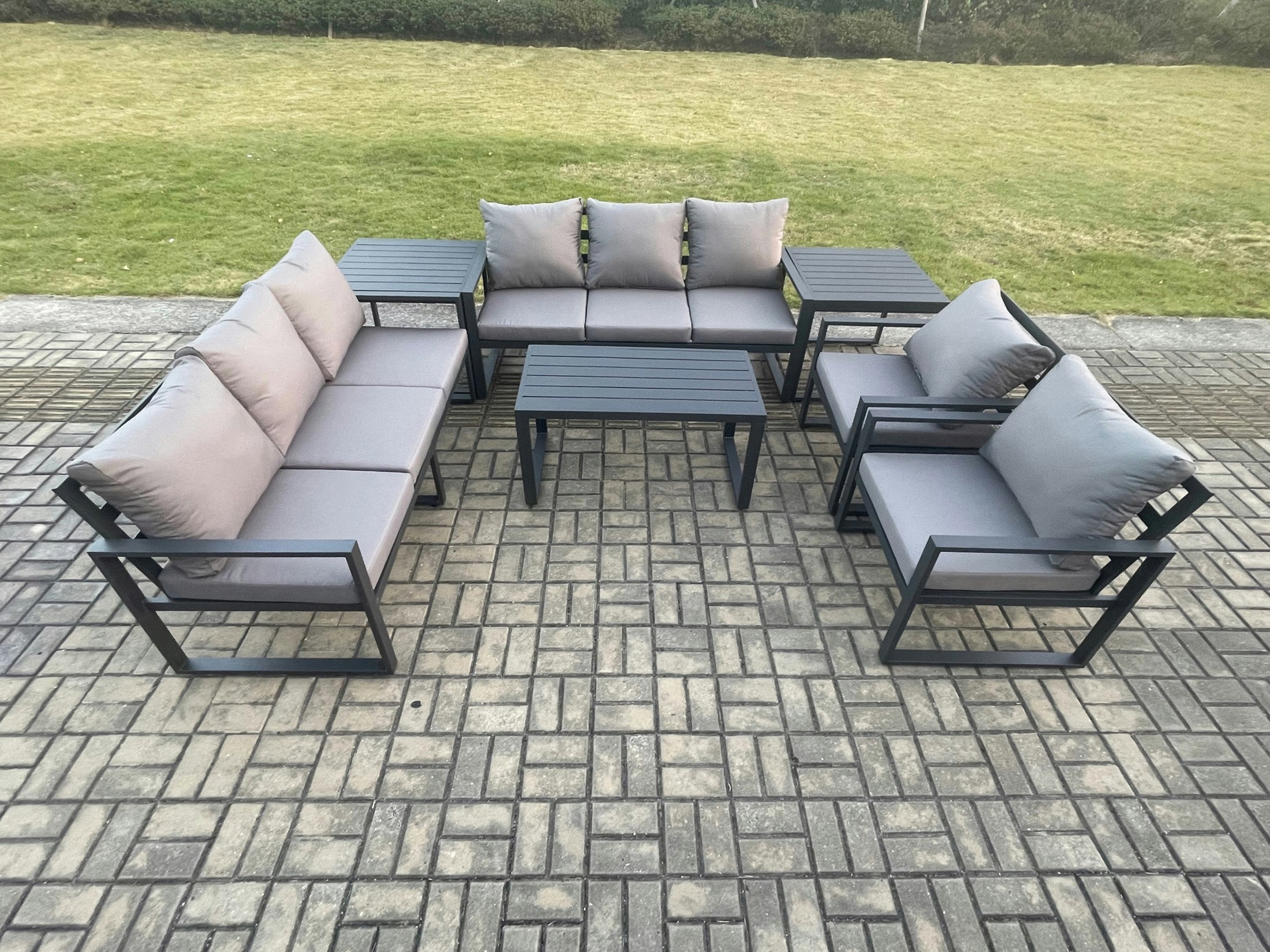 Fimous Dark/Grey Aluminium 7 Pieces Garden Furniture Set With Cushions 8 Seater Outdoor Patio Lounge Sofa Set With 2 Armchairs 2 Side Tables