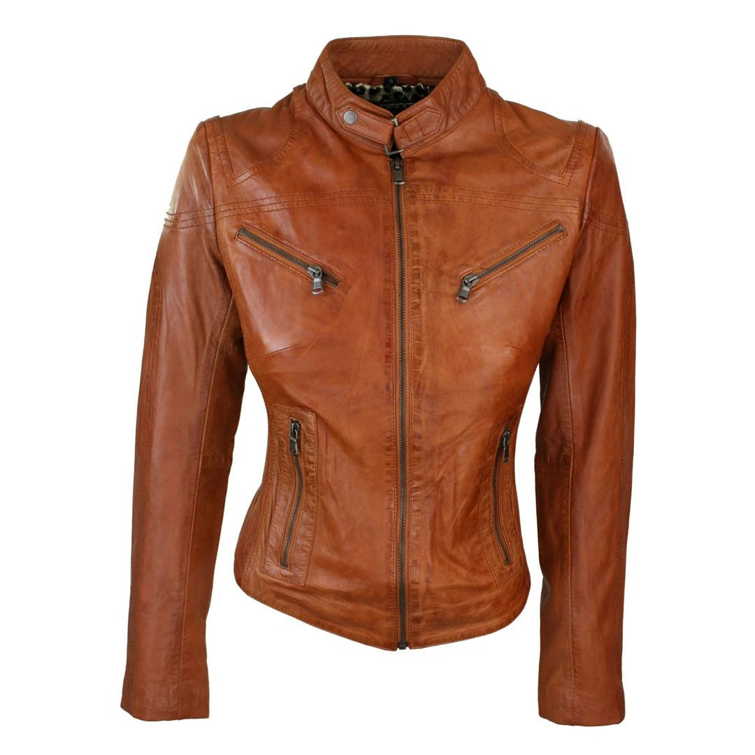 Infinity Leather Women's Black Leather Company Leather Tan Biker Jacket - Uk 16