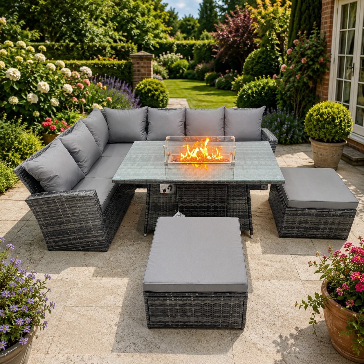 Rackhams Dark/Grey Poly Rattan Outdoor Patio Gas Fire Pit Dining Table Corner Sofa Set With 2 Big Stools For Garden Backyard Mixed