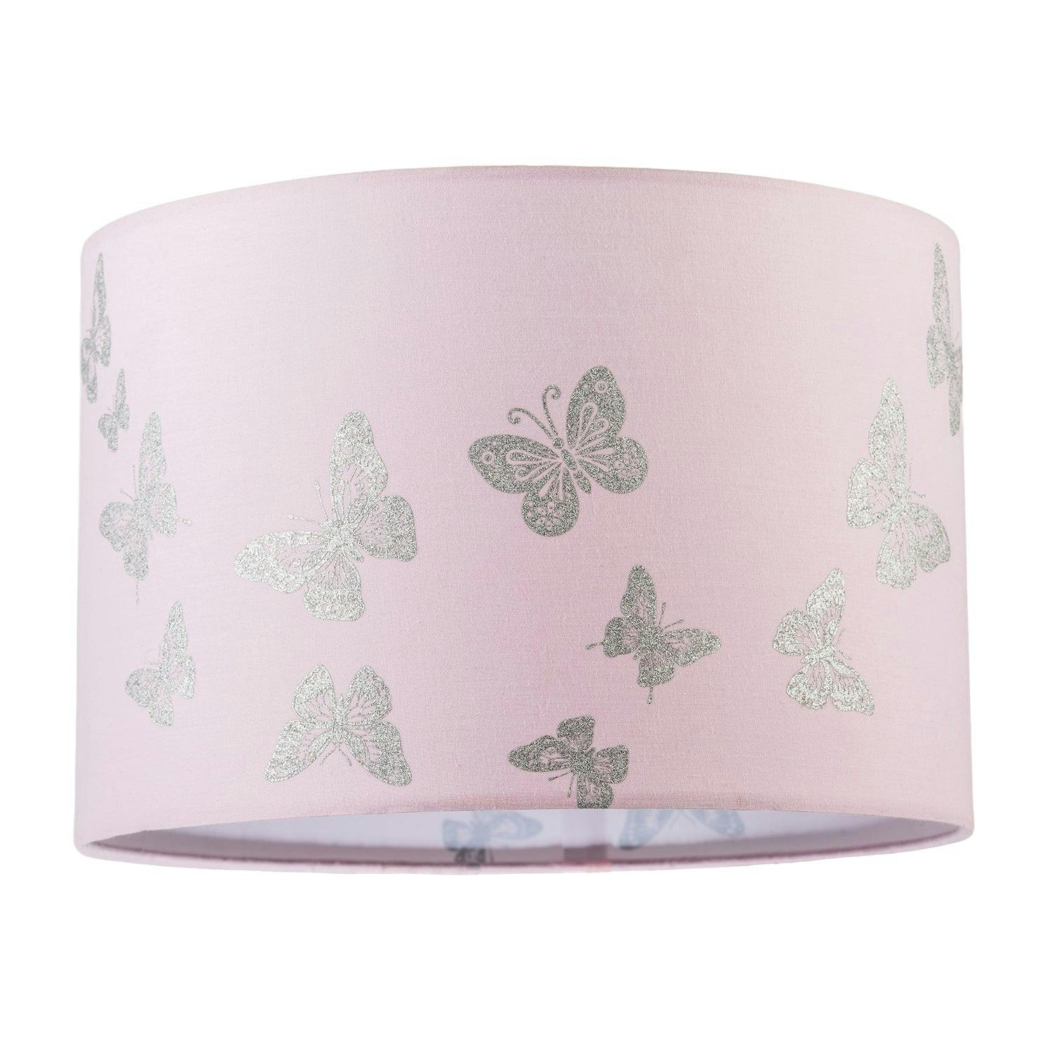 Happy Homewares Pink/Silver Modern Feminine Soft Lamp Shade With Glitter Butterflies