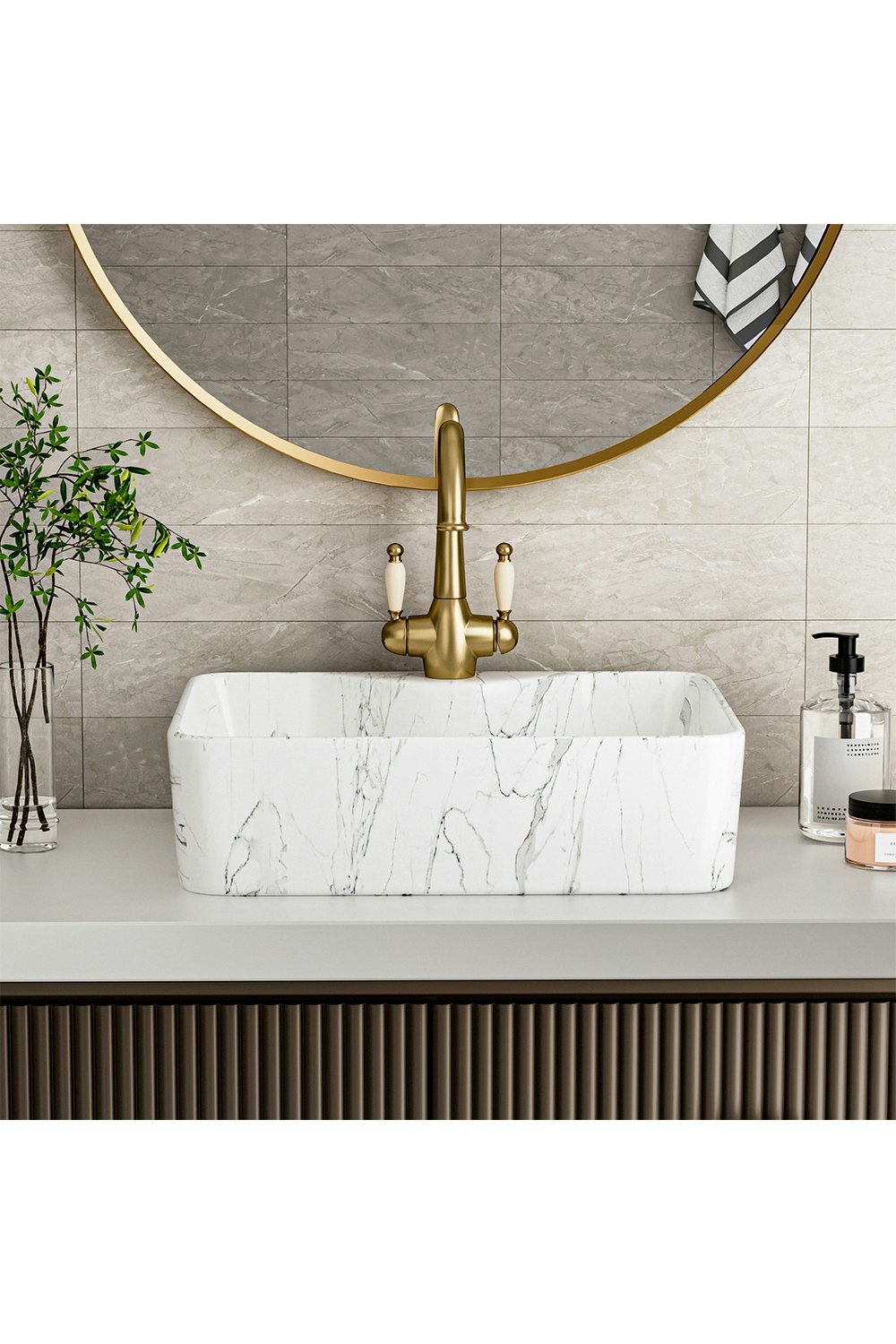 Rackhams White Rectangular Marble Bathroom Vanity Vessel Sink