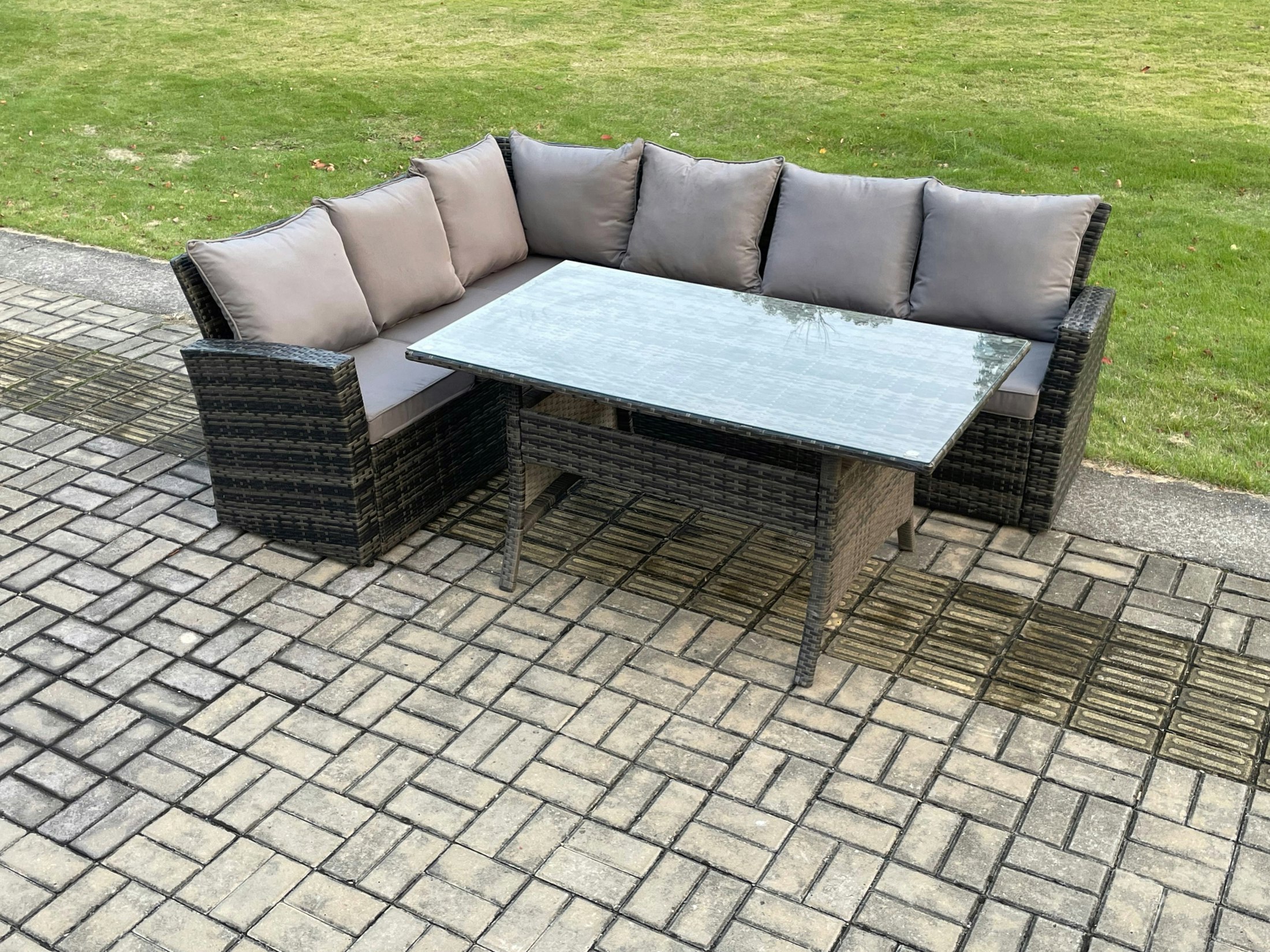 Rackhams Dark/Grey 6 Seater Garden Rattan Furniture Corner Dining Set Rectangular Dining Table Indoor Outdoor Lounge Sofa Set Mixed