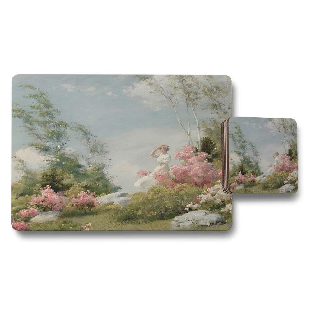 Rackhams Pink Floral Garden Scene Placemats And Coaster Set With Blooms