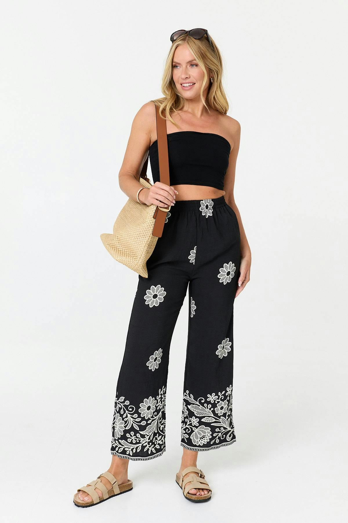 Izabel London Black Floral Border Print Wide Trousers - 16
