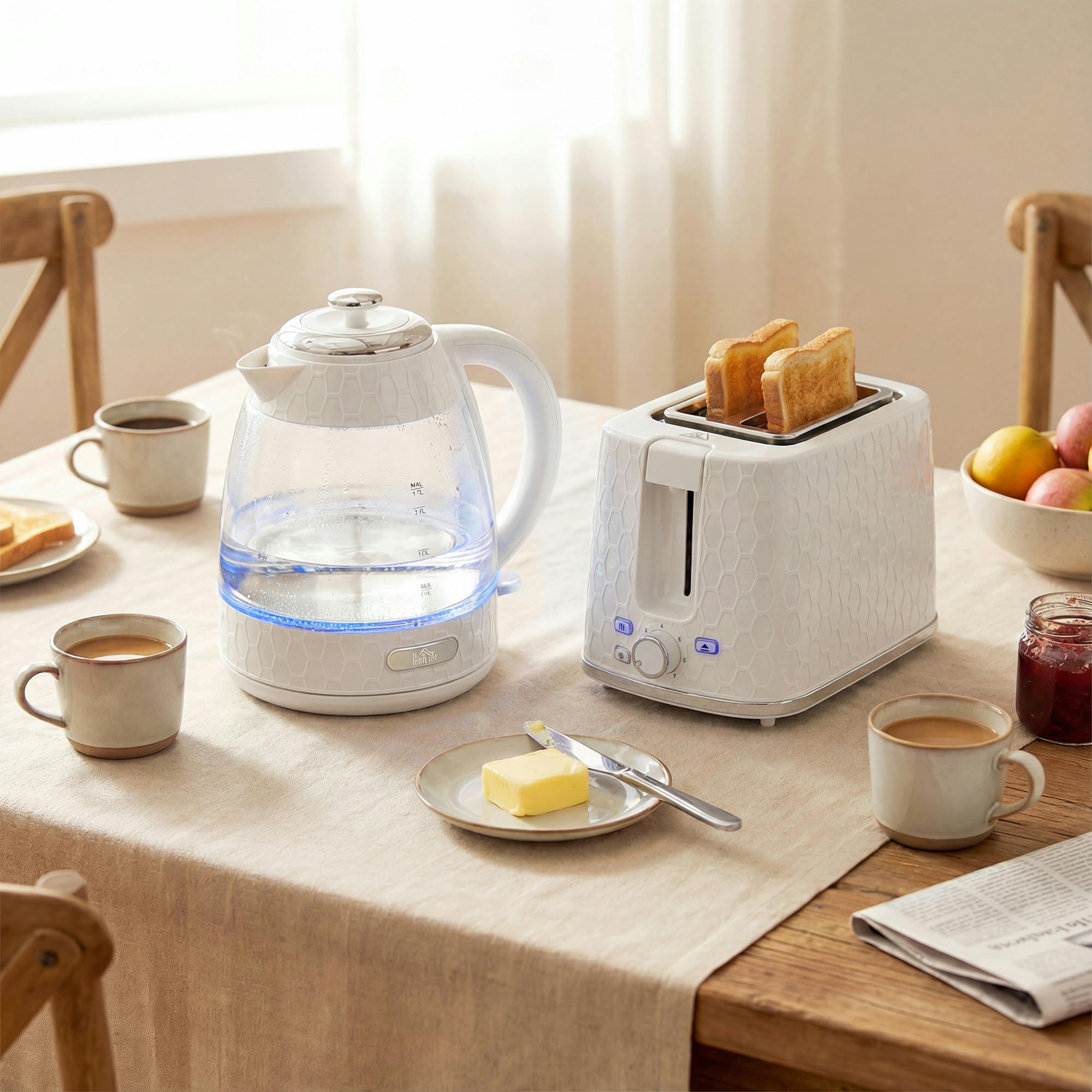 Homcom Cream Kettle And Toaster Set With Limescale Filter, Crumb Tray - Kettle And Toaster Set