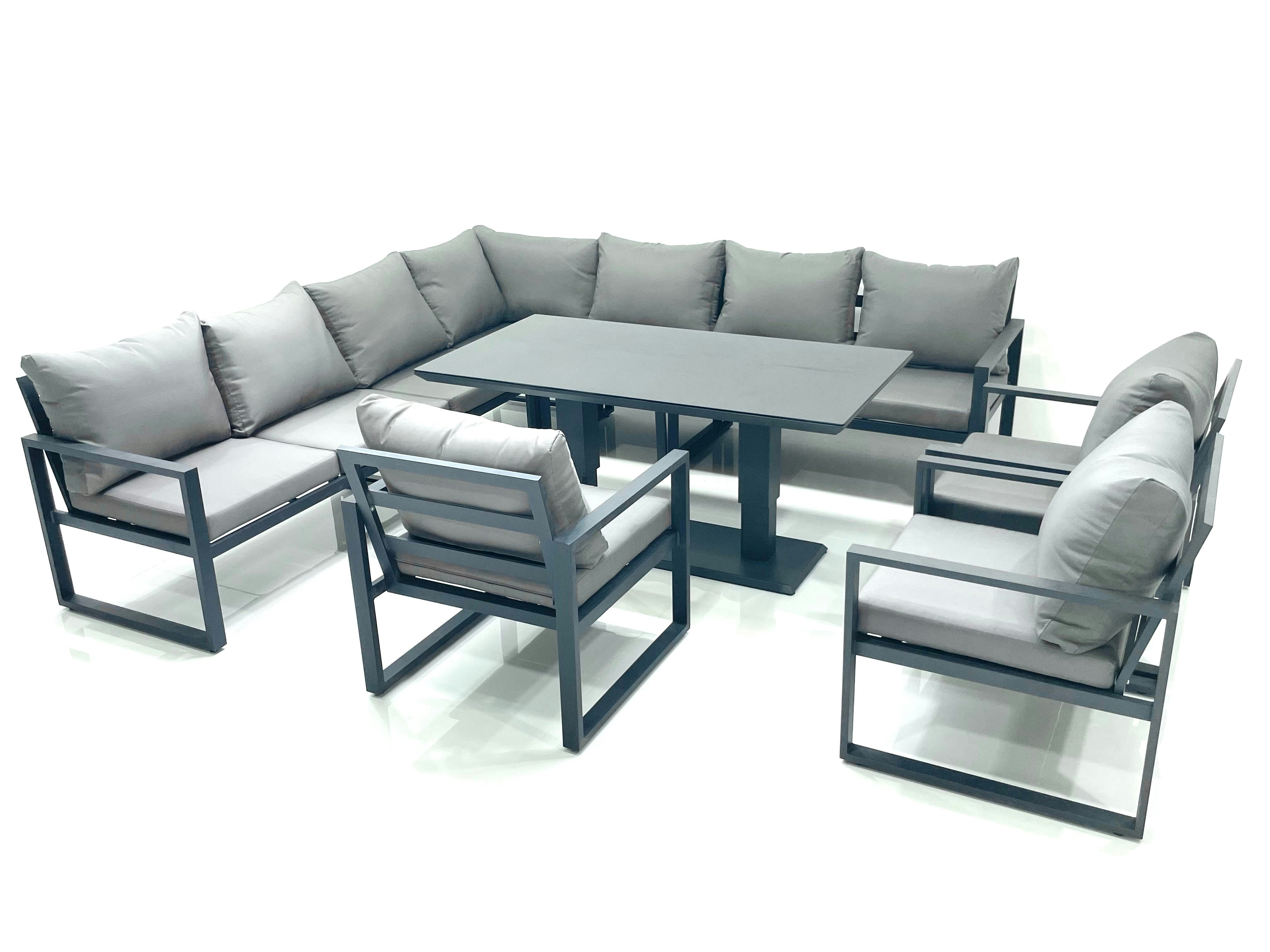 Rackhams Dark/Grey 10 Seater Outdoor Aluminum Garden Furniture Set Corner Sofa 3 Chairs Adjustable Rising Lifting Dining Table Sets