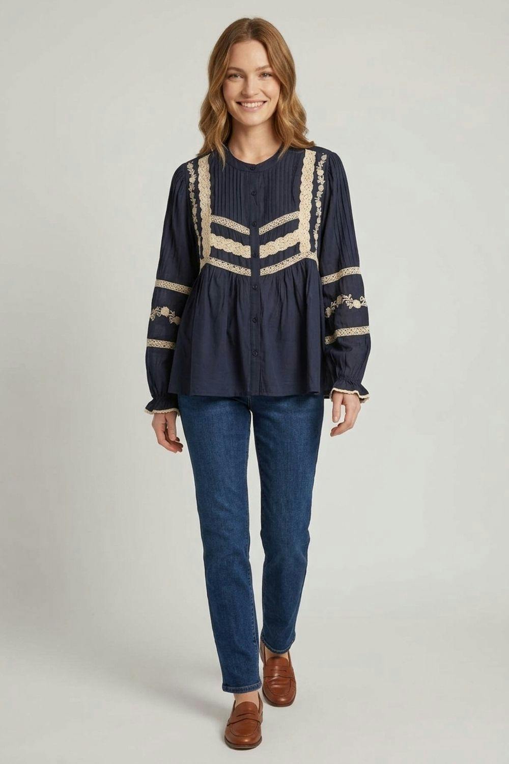 Izabel London Lace Trim Long Sleeve Pleated Blouse - Xl - Navy