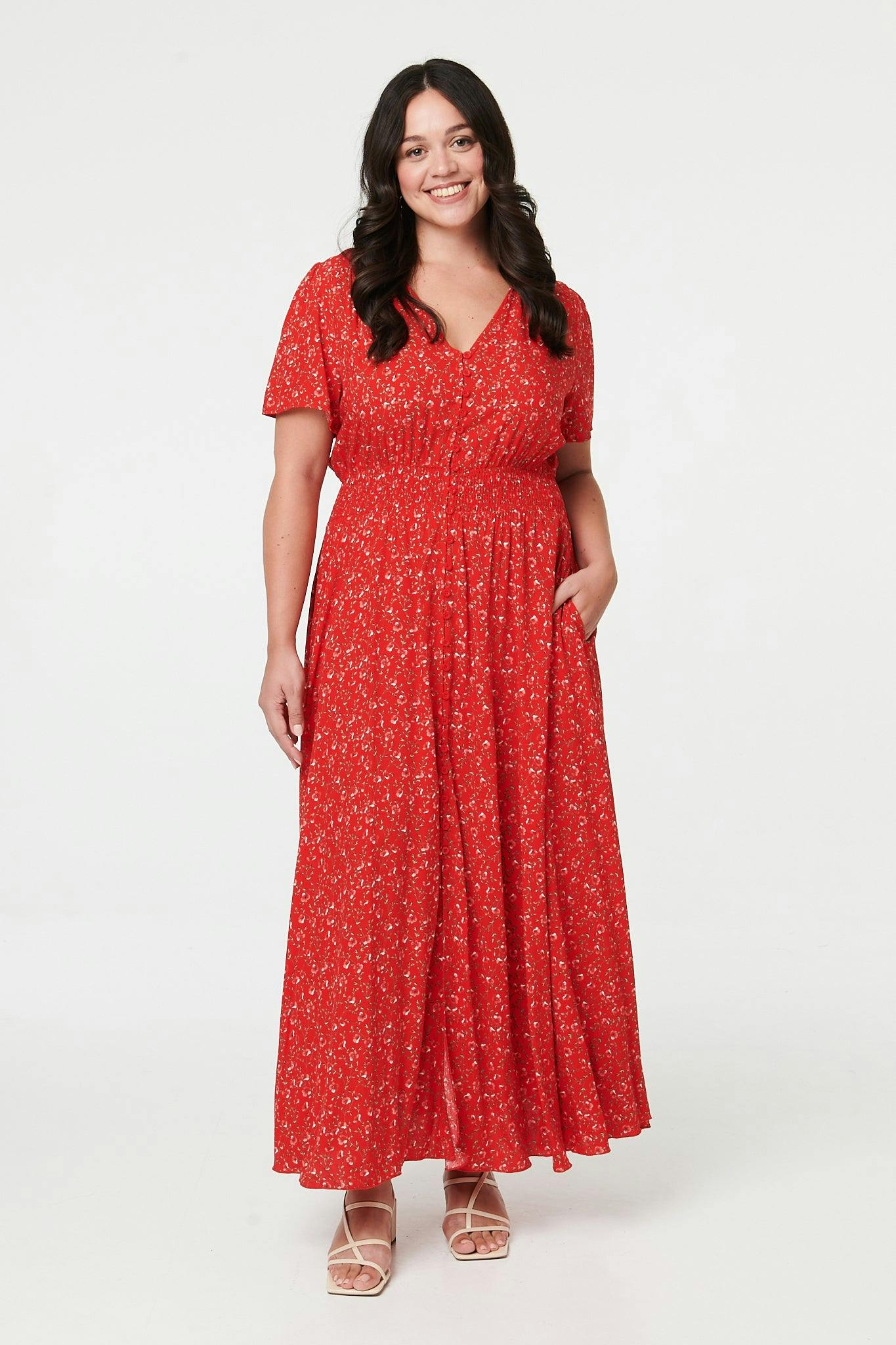 Izabel London Red Curve Ditsy Floral A-Line Maxi Dress - 22