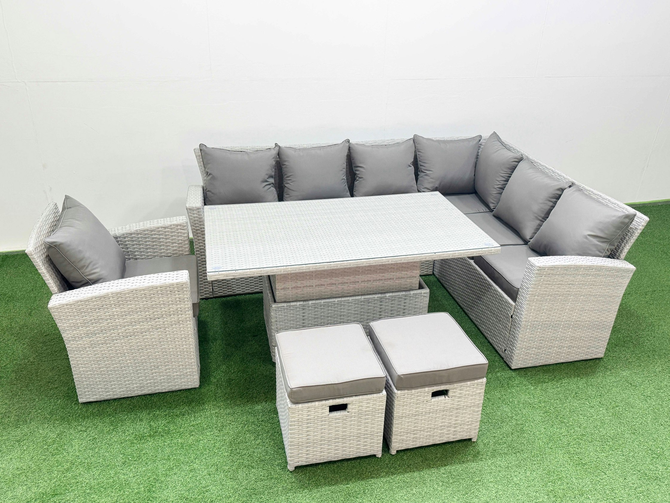 Fimous Light/Grey 9 Seat Rattan Garden Furniture Corner Sofa Set Outdoor Adjustable Lifting Dining Or Coffee Table Set With 2 Small Footstools