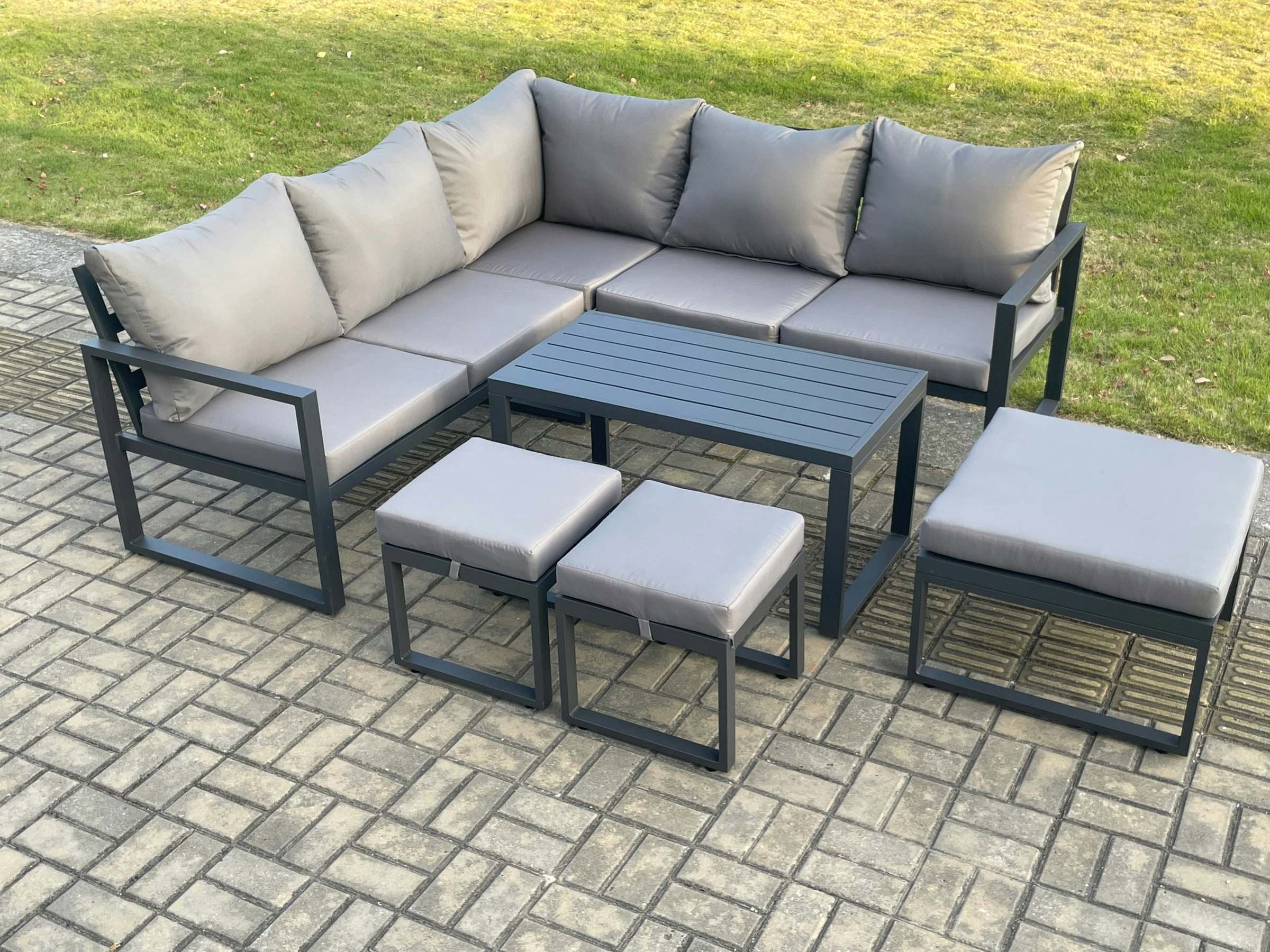 Rackhams Dark/Grey Aluminium Outdoor Garden Furniture Set Lounge Sofa Oblong Coffee Table Sets With 3 Footstools Indoor Conservatory Set