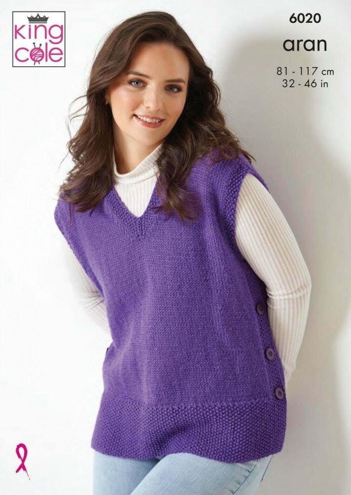 King Cole Women's Wool Aran Knitting Pattern 6020, Tops, Slipovers For 32 - 46 Inches