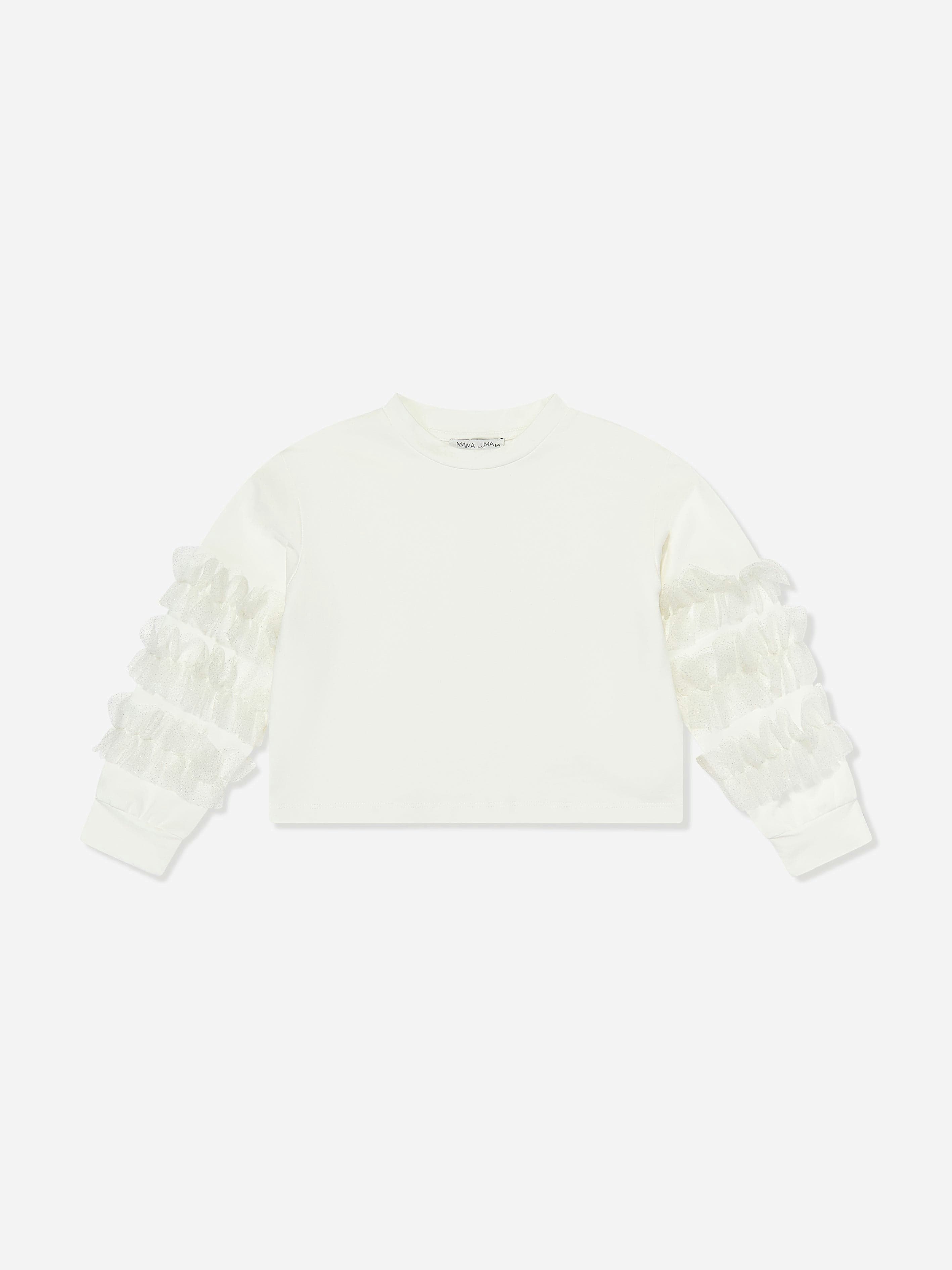 Mama Luma Girls White Organza Detailed Sleeve Sweatshirt In - 9 - 10 Yrs
