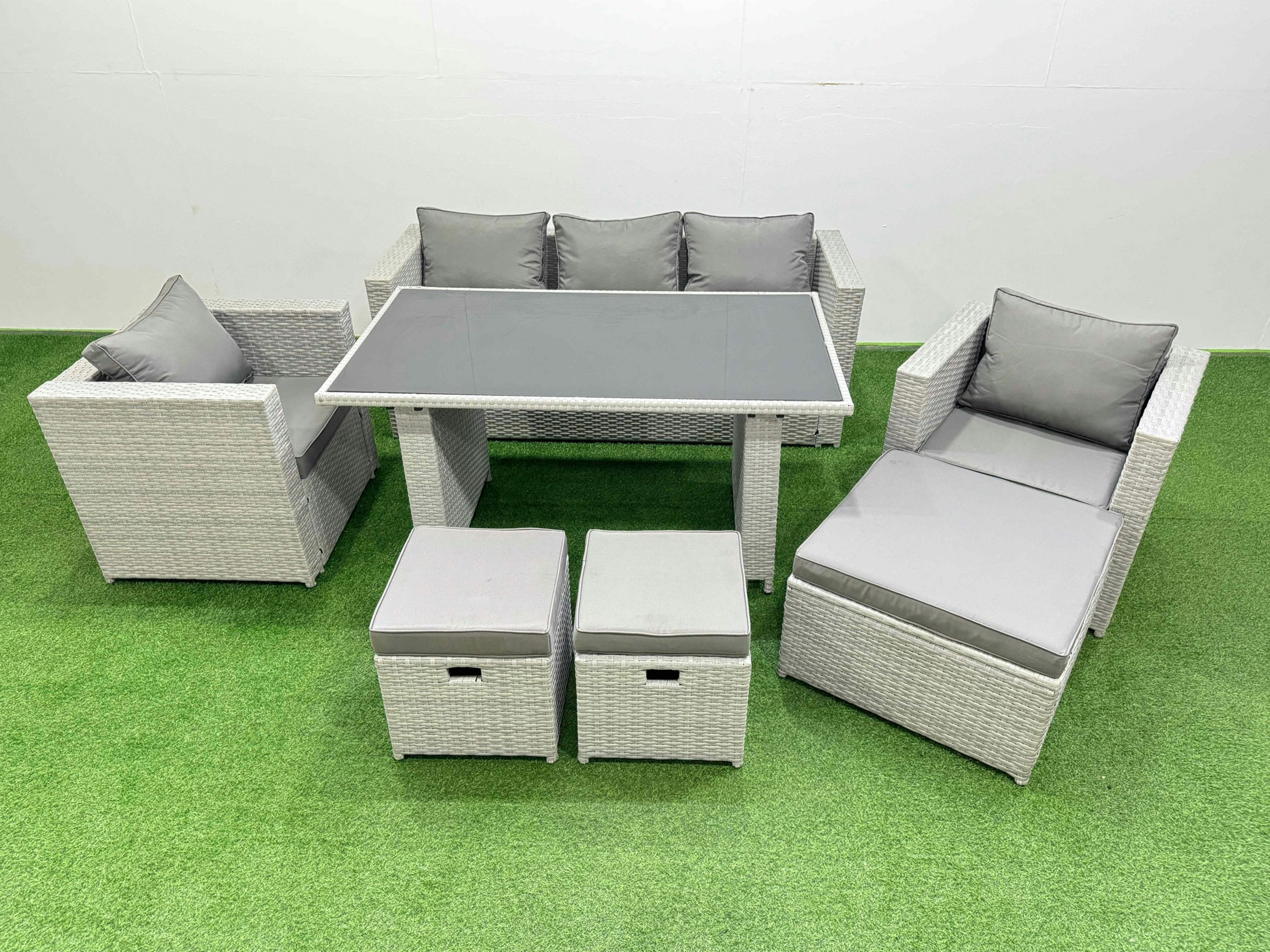 Fimous Black/Light/Grey Patio Garden Furniture Sets With Glass Top Dining Table Armchair 3 Seater Sofa 3 Stool
