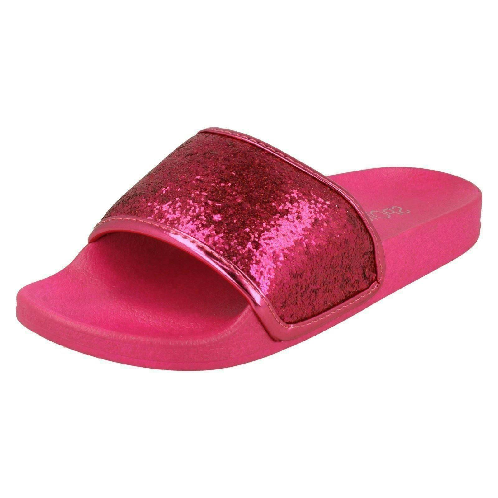Spot On Women's Fuchsia Flat Glitter Vamp Sliders - Uk 6